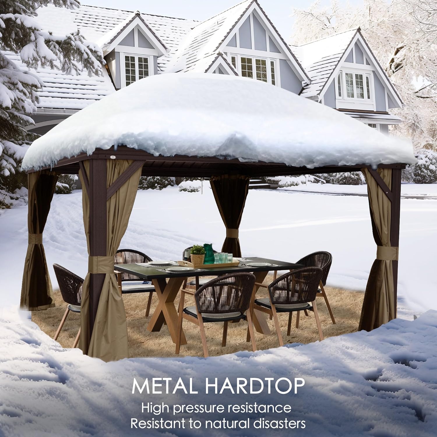 Kozyard Alexander 10' x 12' Hardtop Gazebo, Aluminum Frame with Galvanized Steel Double Roof, Outdoor Permanent Pavilion with Curtains and Netting for Patio, Backyard, Deck, Lawn(Brown)