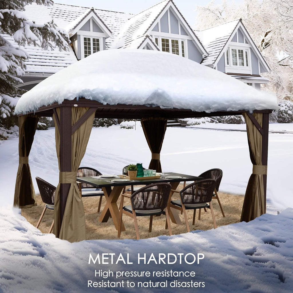 Kozyard Alexander 12' x 12' Hardtop Gazebo, Aluminum Frame with Galvanized Steel Double Roof, Outdoor Permanent Pavilion with Curtains and Netting for Patio, Backyard, Deck, Lawn(Brown)