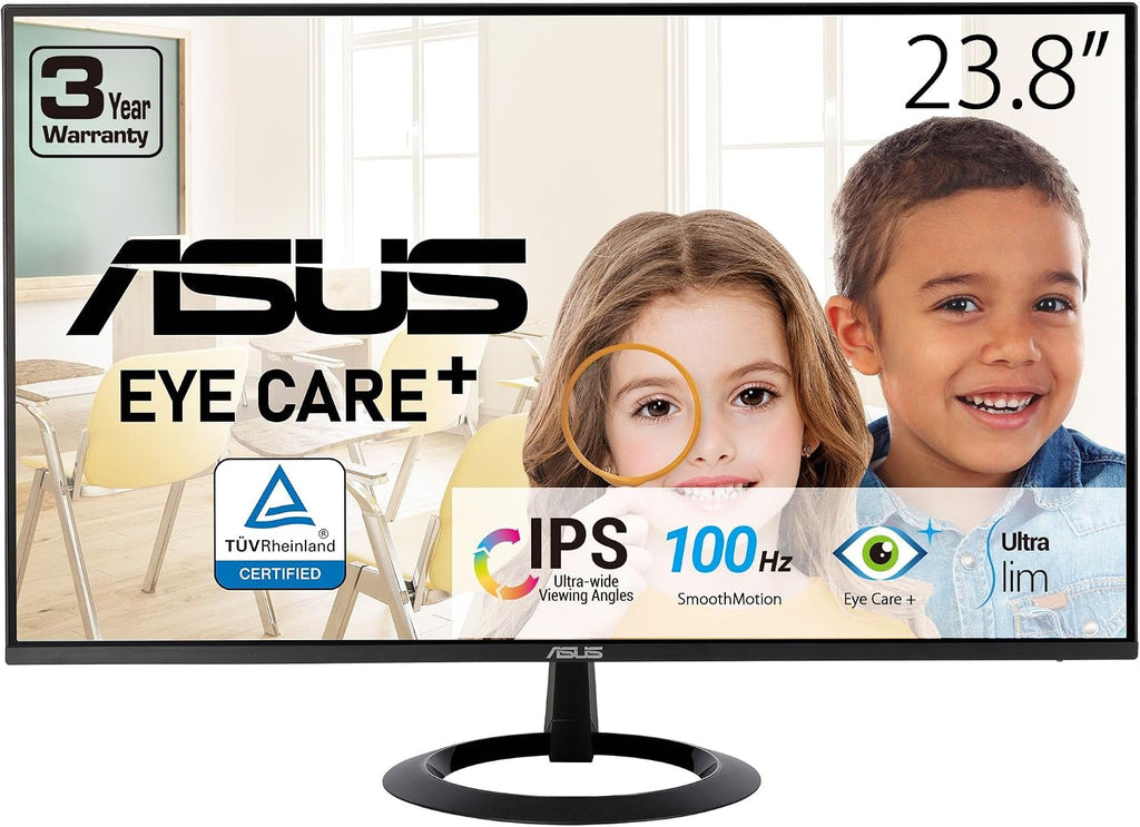 ASUS 24' (23.8-inch viewable) Eye Care Monitor (VZ24EHF) - IPS, Full HD (1920 x 1080), Frameless, 100Hz, Adaptive-Sync, 1ms, HDMI, Low Blue Light, Flicker Free, Ultra-Slim Profile, 3 Year Warranty