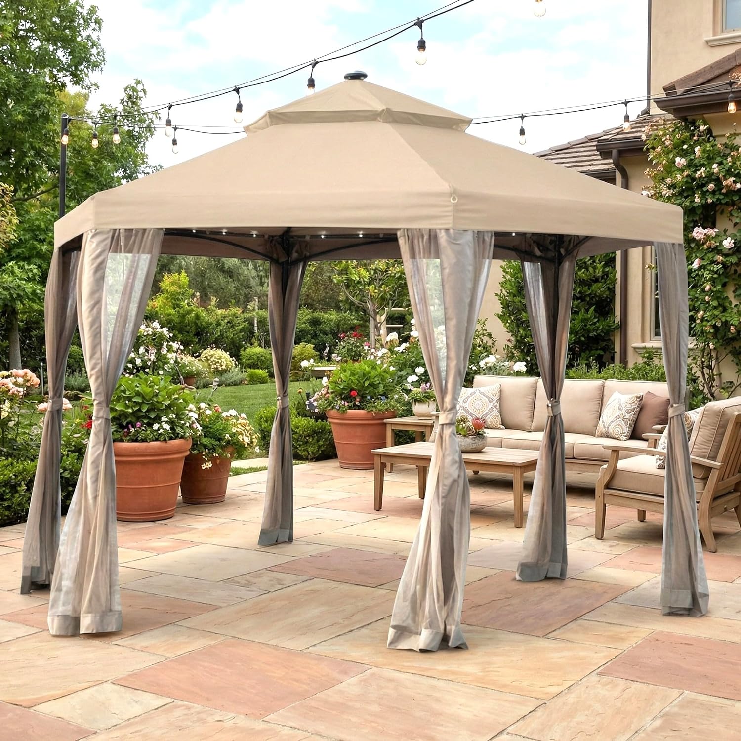 Garden Winds Reinforced Replacement Canopy Top Cover Compatible with The GFS00679B Hampton Bay Solar 10' Hexagon Gazebo - Classic Sand, Riplock 350