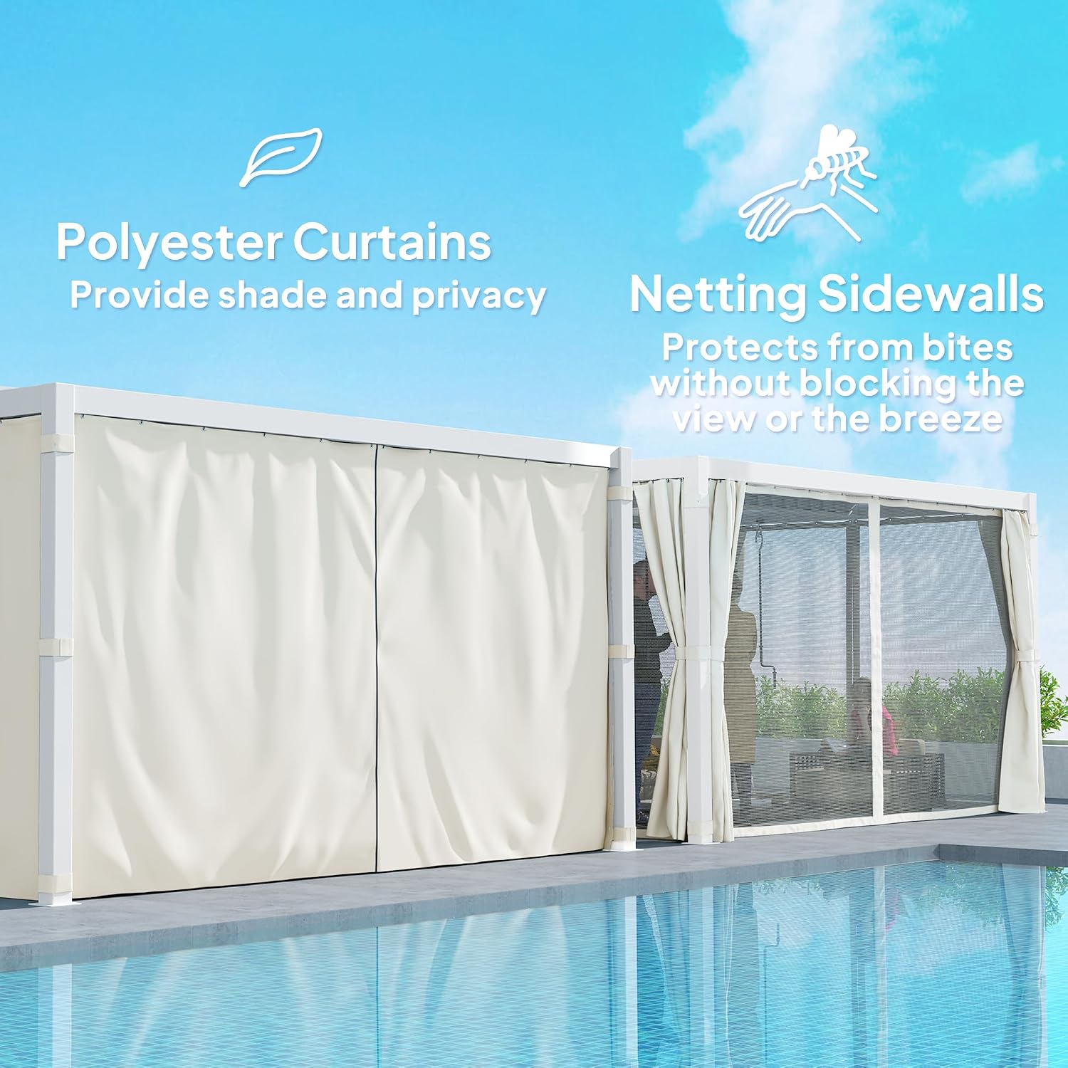 Outsunny 10' x 13' Louvered Pergola Hardtop Gazebo with Adjustable Aluminum Roof and Frame, Outdoor Pergola with Curtains and Netting, for Garden, Lawn, Backyard, and Deck, Cream White