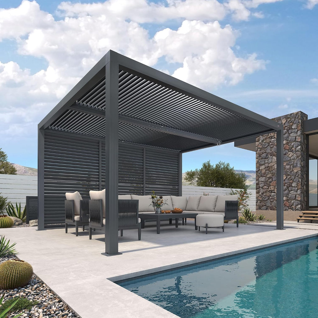 PURPLE LEAF Louvered Pergola 94AS 11' x 14' Outdoor Aluminum Pergola with Fixed Shutter Wall Adjustable Roof for Deck Backyard Grey Hardtop Gazebo, 1 Long Side