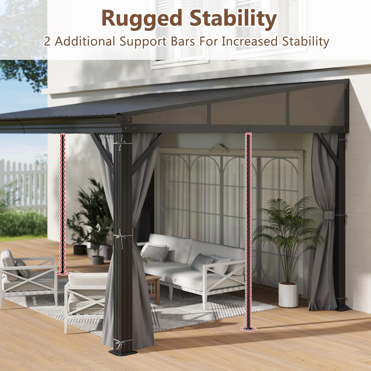 10'x12' Lean to Gazebo, Hardtop Wall Mounted Gazebo with Aluminum Frame, Slpoing Galvanized Steel Roof Wall Gazebos Pergola with Curtains and Netting for Patio,Decks, Garden and Lawn