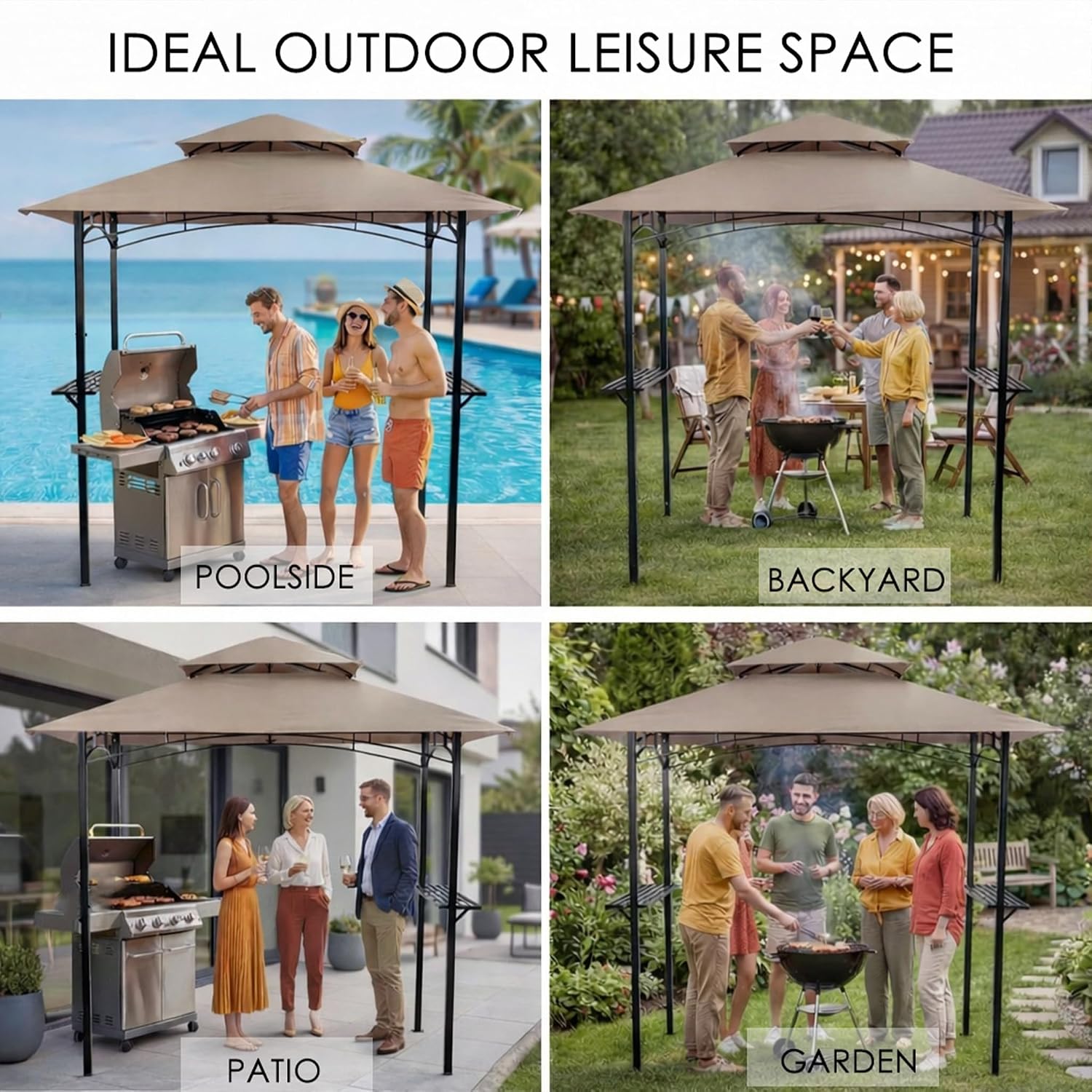 KOZYARD Andra 8' x 5' BBQ Grill Gazebo Canopy Tent, Soft Top Vented Roof, Steel Frame with Side Shelves & Utensil Hooks, 4 Magnetic Detachable LED Lights, Outdoor Grill Shelter