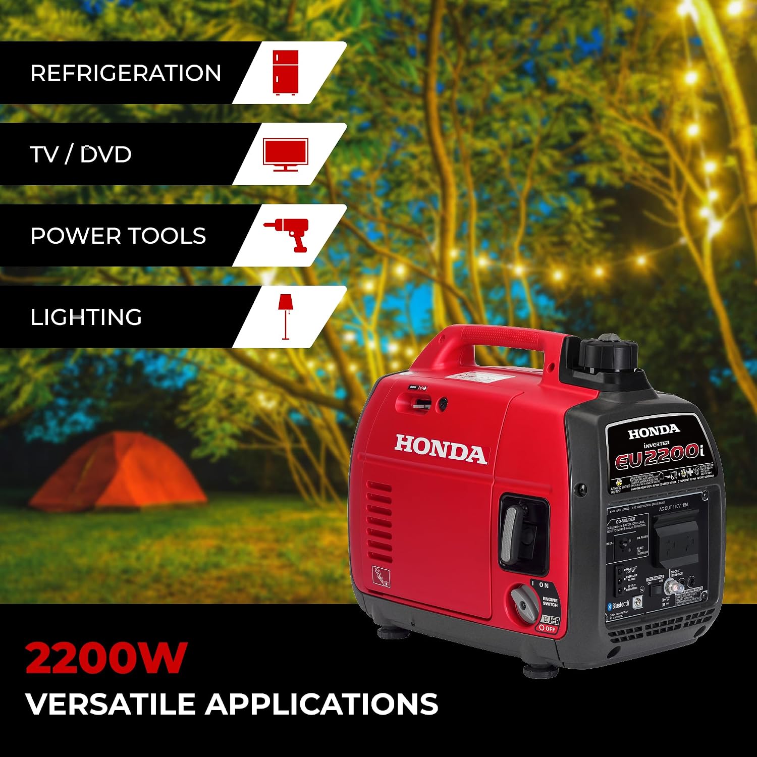 Honda EU2200i 2200 Watt Inverter Generator, Super Quiet 120V Gas Powered Portable Generator for Camping or Home Backup Power Supply, Up to 8.1 Hour Run Time (EU2200ITA)