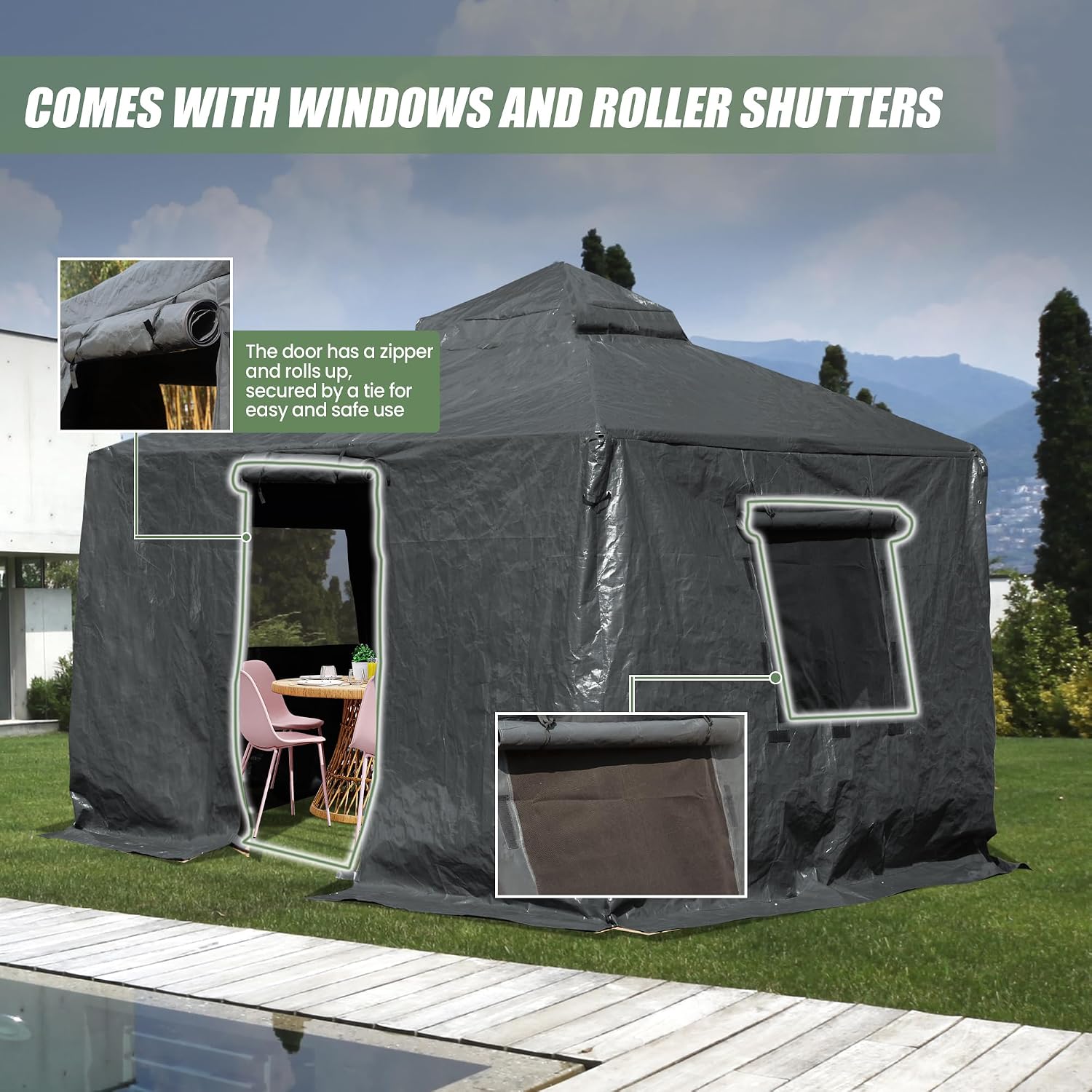 Domi 10' x 10' Winter Gazebo Cover, All Season Universal Waterproof Enclosed Cover with Sidewalls & Mesh Windows for Hardtop Gazebos, Heavy Duty All-Weather Outdoor Protection (Grey)