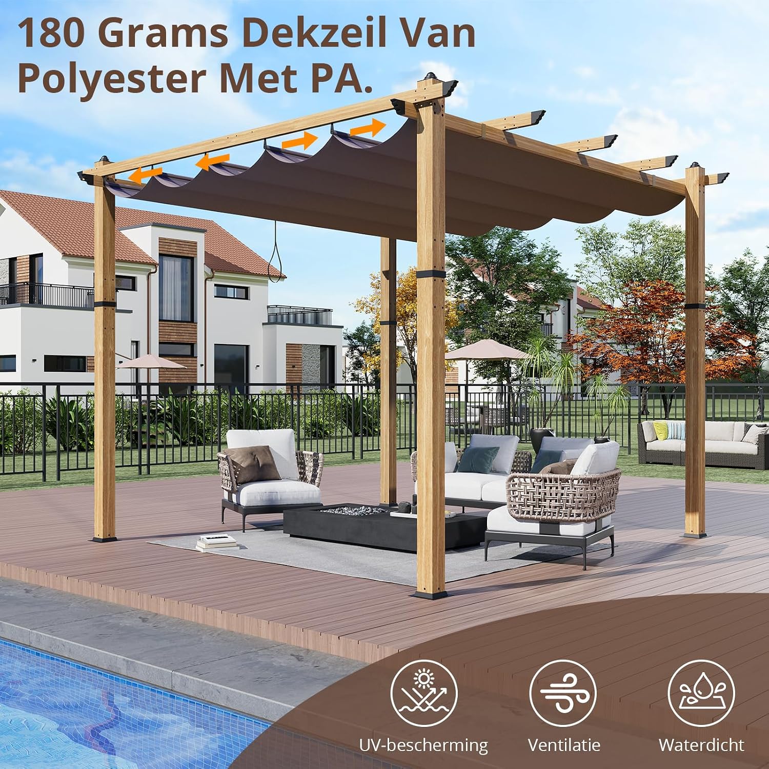10' X 10' Retractable Pergola Canopy with Natural Wood Like Frame for Backyards, Gardens, Patios, Outdoor Pergola with Sun Shade Canopy,Khaki
