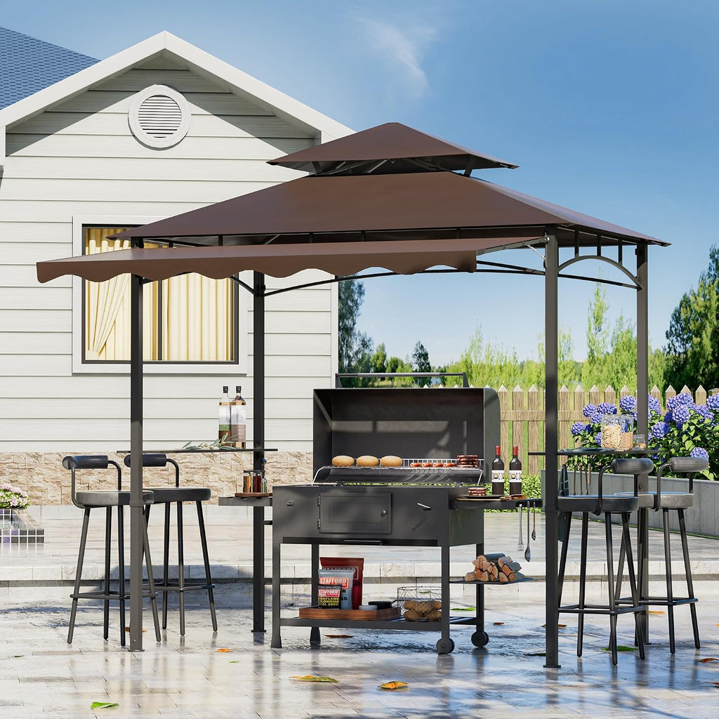 8x8x5 FT BBQ Grill Gazebo Outdoor, Double Tired Patio Canopy Tent with Side Awning Shelves, Barbecue Shelter with 14 Hooks and Bottle Opener for Backyard Garden Poolside, Brown