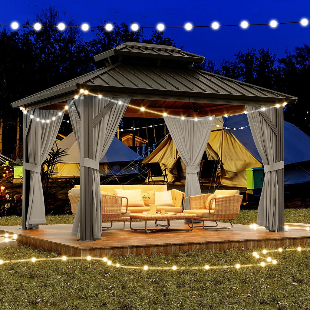 10X12 FT Outdoor Galvanised Steel Hardtop Gazebo, Heavy Duty Double Roof Outdoor Gazebo with Netting and Sunshade Curtains, Aluminium Framed Gazebo for Patio, Terrace, Lawn and Deck, Grey