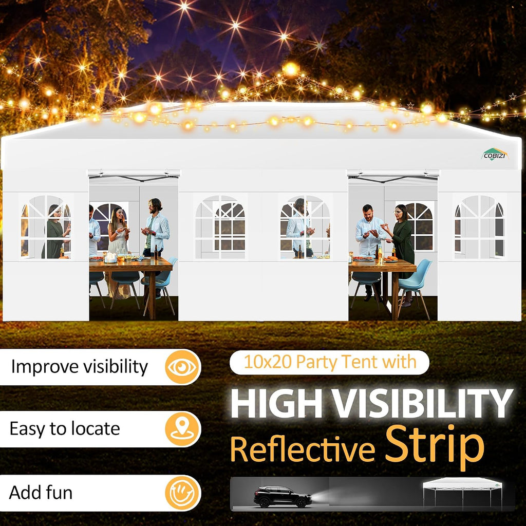 COBIZI 10x20 Pop Up Canopy with 6 Sidewalls One Push Setup Outdoor Event Shelter Waterproof UPF 50+ Gazebo Tent with Carry Bag,Air Vent,Sandbag for Wedding, Commercial, Party,White