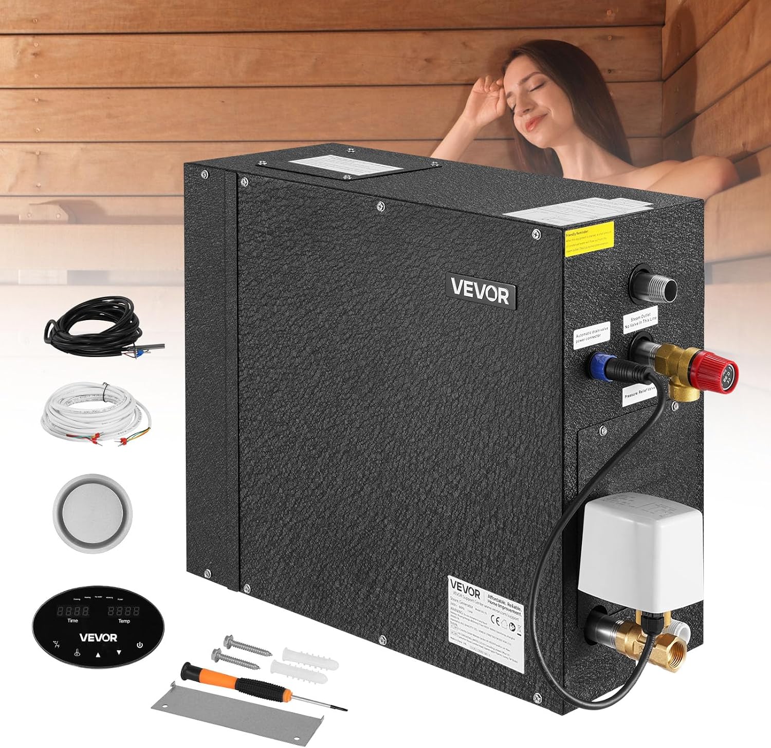 VEVOR Steam Generator, 7.5 kW Steam Shower System with Controller for Home Sauna & Spa, Commercial Auto Drain Kit with Overheat, Dry-Run & Overpressure Protection, 10min to 24h Timer, Black