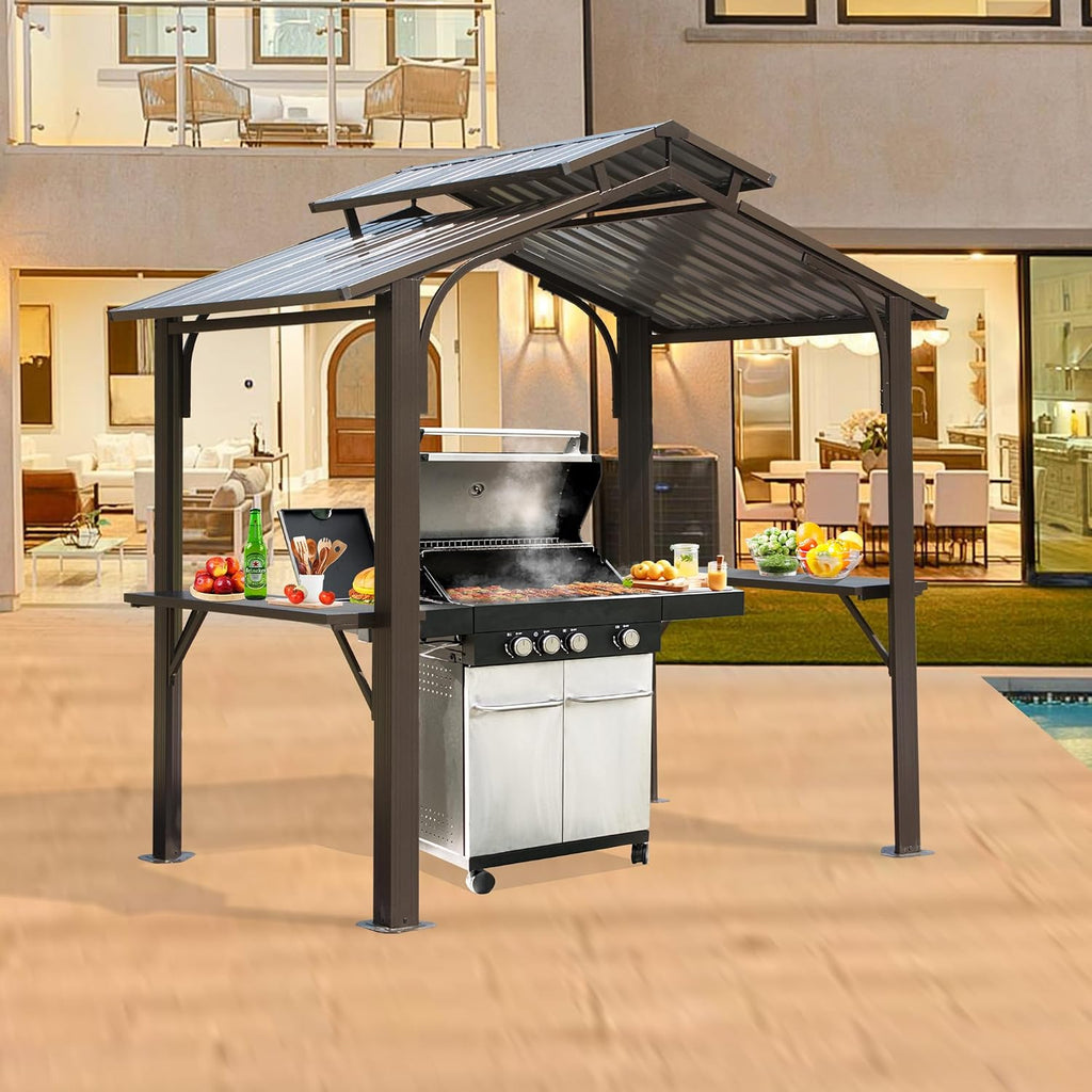 Domi 8x5FT Hardtop Grill Gazebo, Outdoor BBQ Gazebo with 2 Side Shelves and Ceiling Hook, Metal Grill Canopy with Galvanized Steel Double Roof for Patio Lawn Patio Backyard Deck, Brown