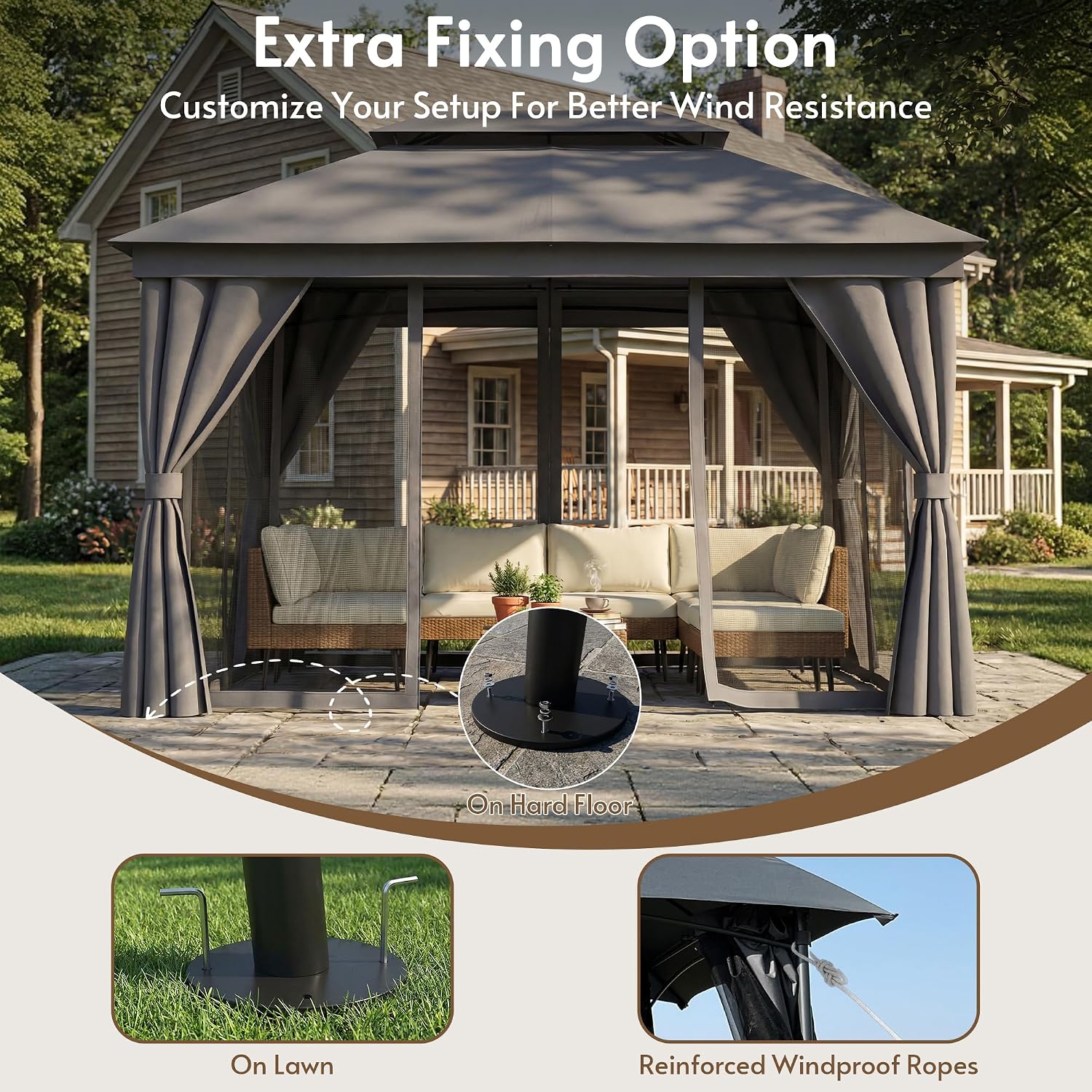 Outdoor Patio Gazebo 10x13, Heavy Duty Metal Frame Canopy Tent Shelter with Double Roof Design, Patio Gazebo with Mosquito Nettings and Privacy Screens for Backyard, Deck, Lawn, Garden