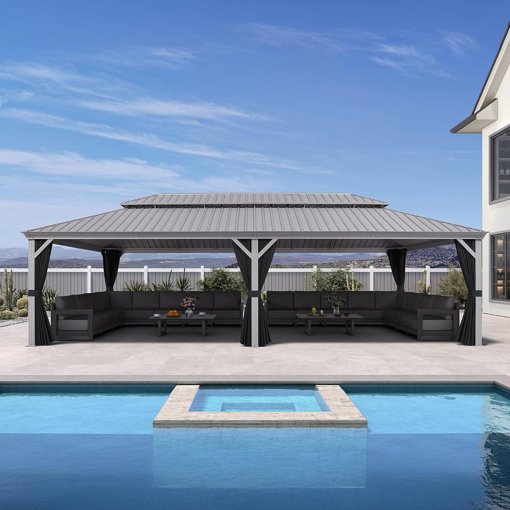 PURPLE LEAF 14' x 28' Permanent Hardtop Gazebo with Galvanized Steel Double Roof and Aluminum Frames Outdoor Large Pavilion Gazebo for Patio Deck Garden, Netting and Curtains Included, Light Grey