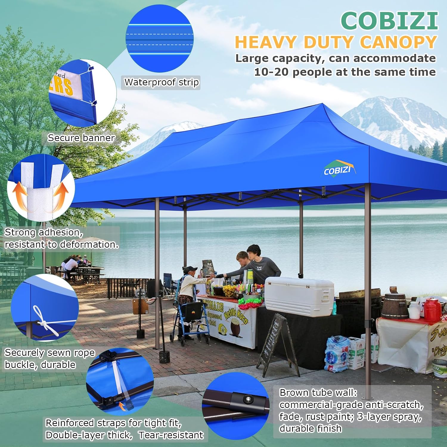 COBIZI 10x30 Pop Up Heavy Duty Canopy with 8 Sidewalls and Hexagonal Legs, Easy up Tent for Party, Wedding and Commercial, Outdoor Canopy with Roller Bag, Sand Bags, Waterproof & UPF50+ (Blue)