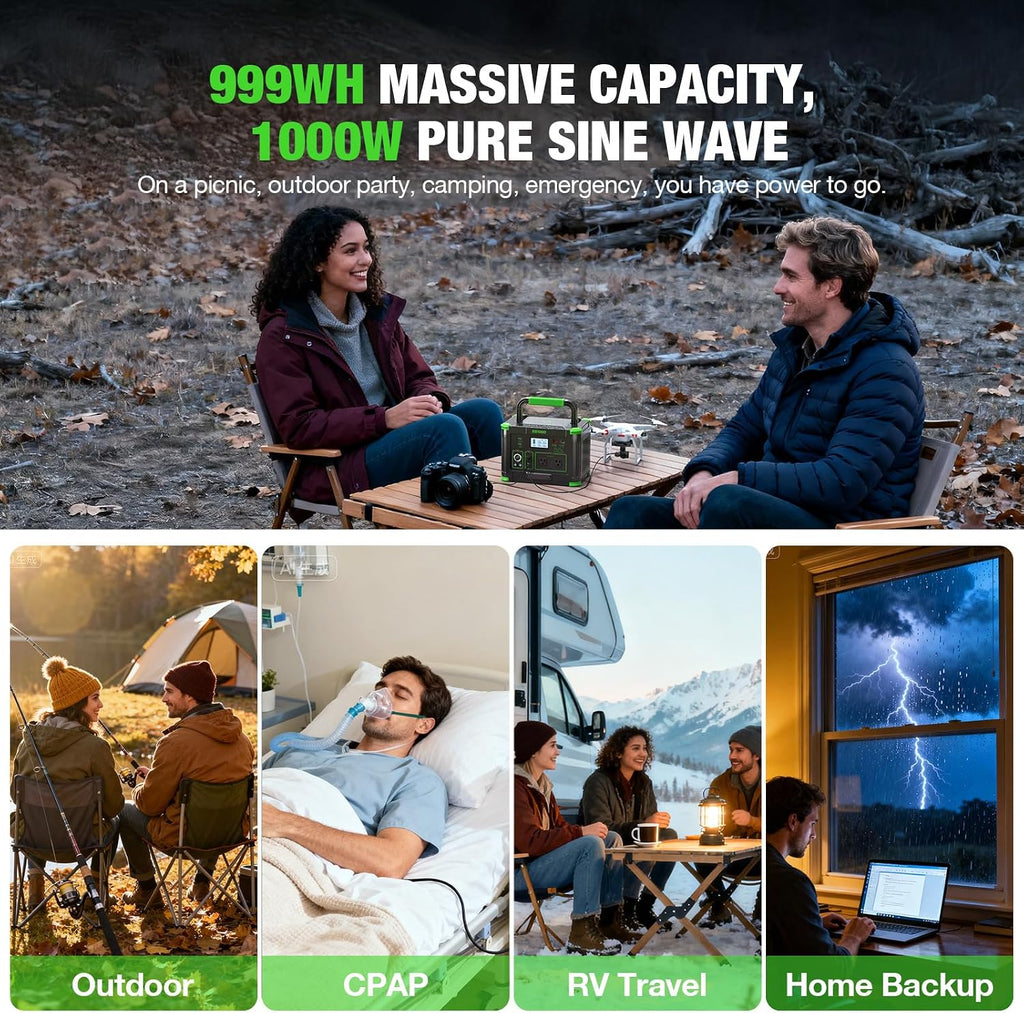 Portable Power Station 1000W (Peak 2000W), 999Wh Solar Generator, 110V Pure Sine Wave AC Outlet with PD 60W USB-C Fast Charging, Outdoor Camping RV Van Home Backup Off-Grid Living