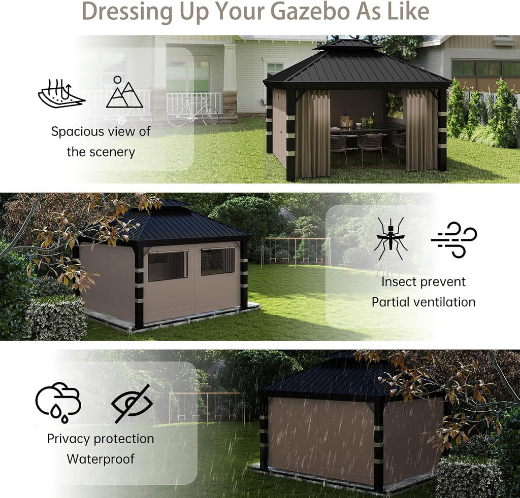 10'x12' Gazebo Curtains Outdoor Waterproof, 4-Panels Privacy Replacement Curtains with Net Windows & Zipper, Universal Sidewall Replacement for Garden, Patio, Backyard (Curtain Only, Brown)