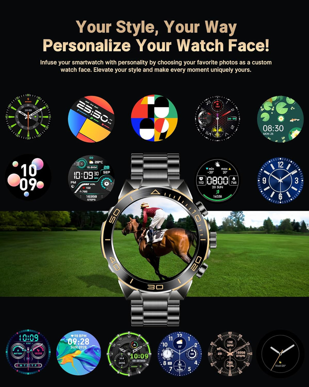 Smart Watch for Men Answer/Make Call for Android iPhone, 1.43' AMOLED HD Screen Mens Luxury Watch, 400mAh Heavy Duty Smartwatch Heart Rate Blood Oxygen Blood Pressure Sleep Monitor Pedometer, 2 Straps