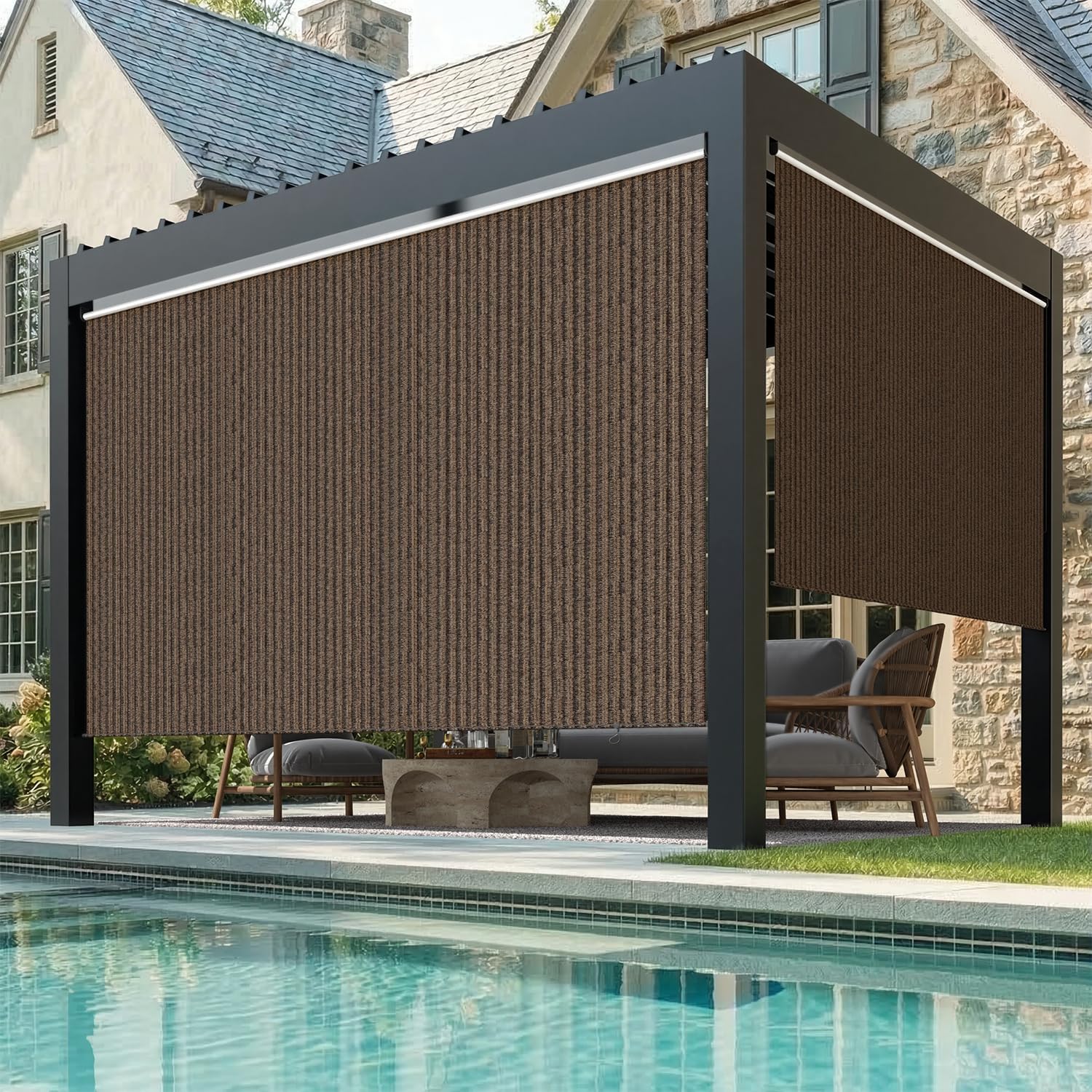 U-MAX Outdoor Roller Shade, 10'(W) x10'(H) Sun Shade Cover Canopy with 99% UV Protection, 220GSM HDPE Exterior Cordless Roll Up Blinds Privacy Screen for Patio, Pergola, Gazebo, Mocha