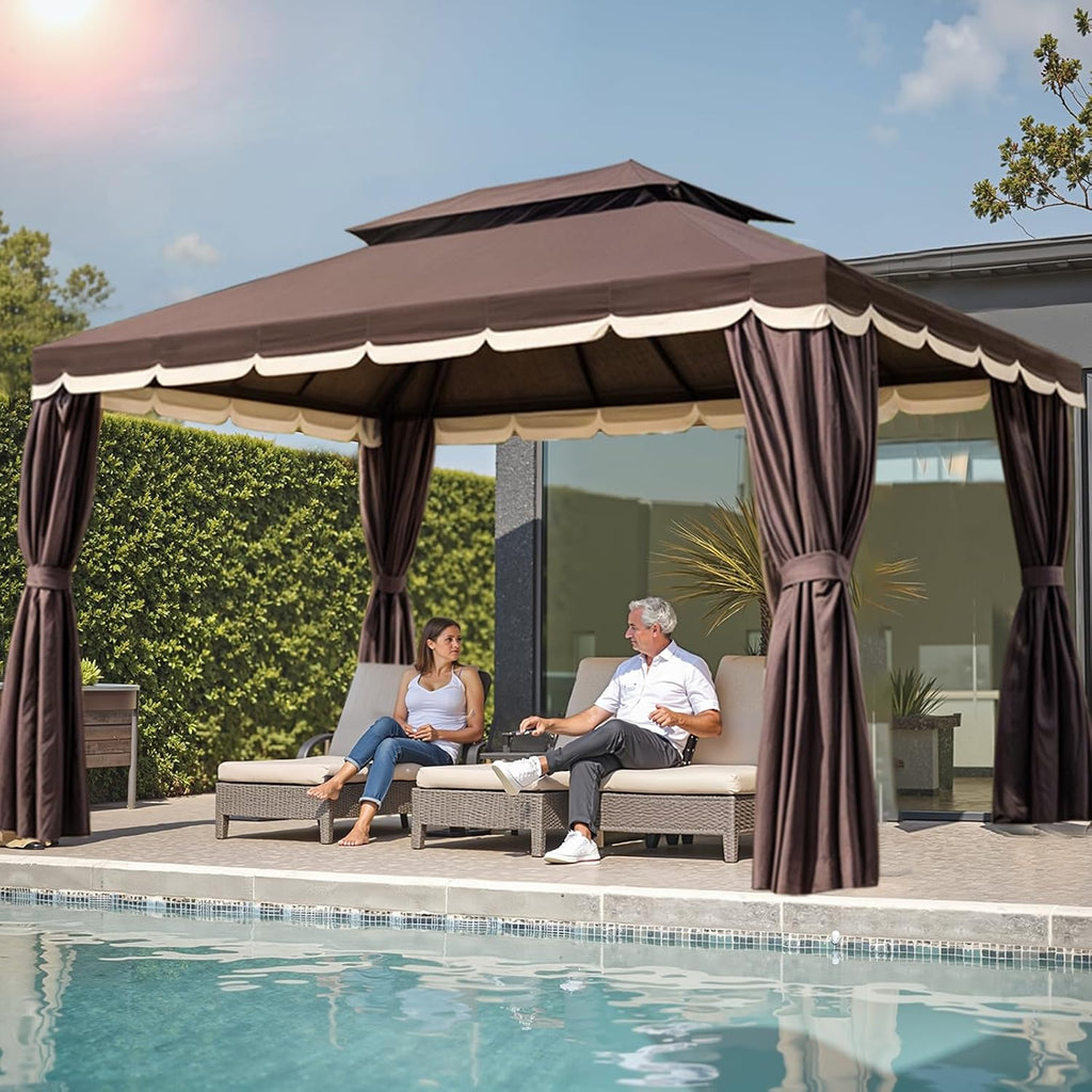 Gazebo for Patio, Outdoor 10x13 Gazebo Canopy Tent with Mosquito Netting & Curtains, Party Tent Shelter with Waterproof Double Vented Roof for Garden, Deck, Backyard, Lawn (Brown)