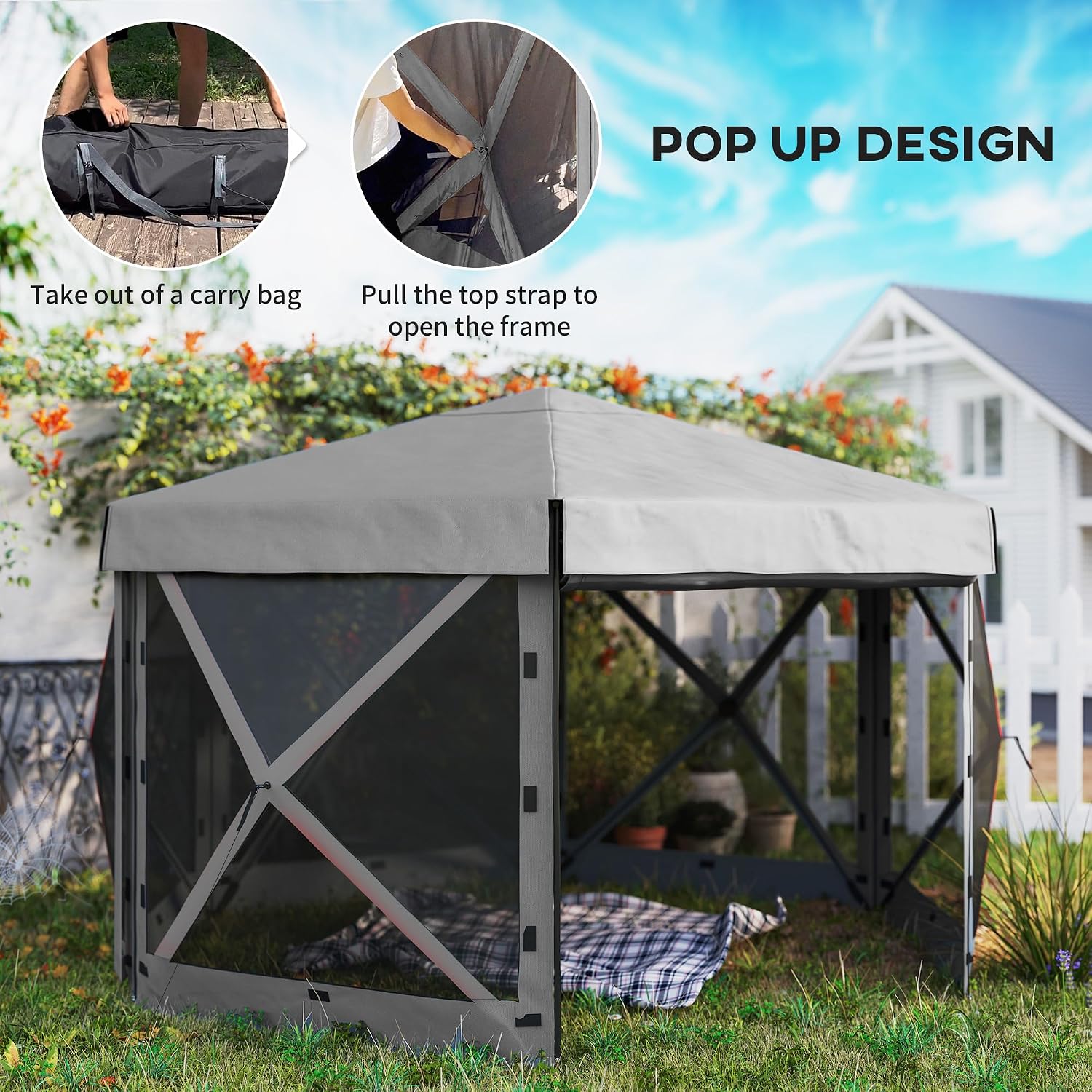 Outsunny 12' x 12' Hexagonal Pop Up Gazebo Tent with 5 Sidewalls, Waterproof Portable Outdoor Canopy Shelter with Curtains, Carry Bag, 5 Ropes, 11 Stakes for Camping, Garden, Patio, Dark Gray
