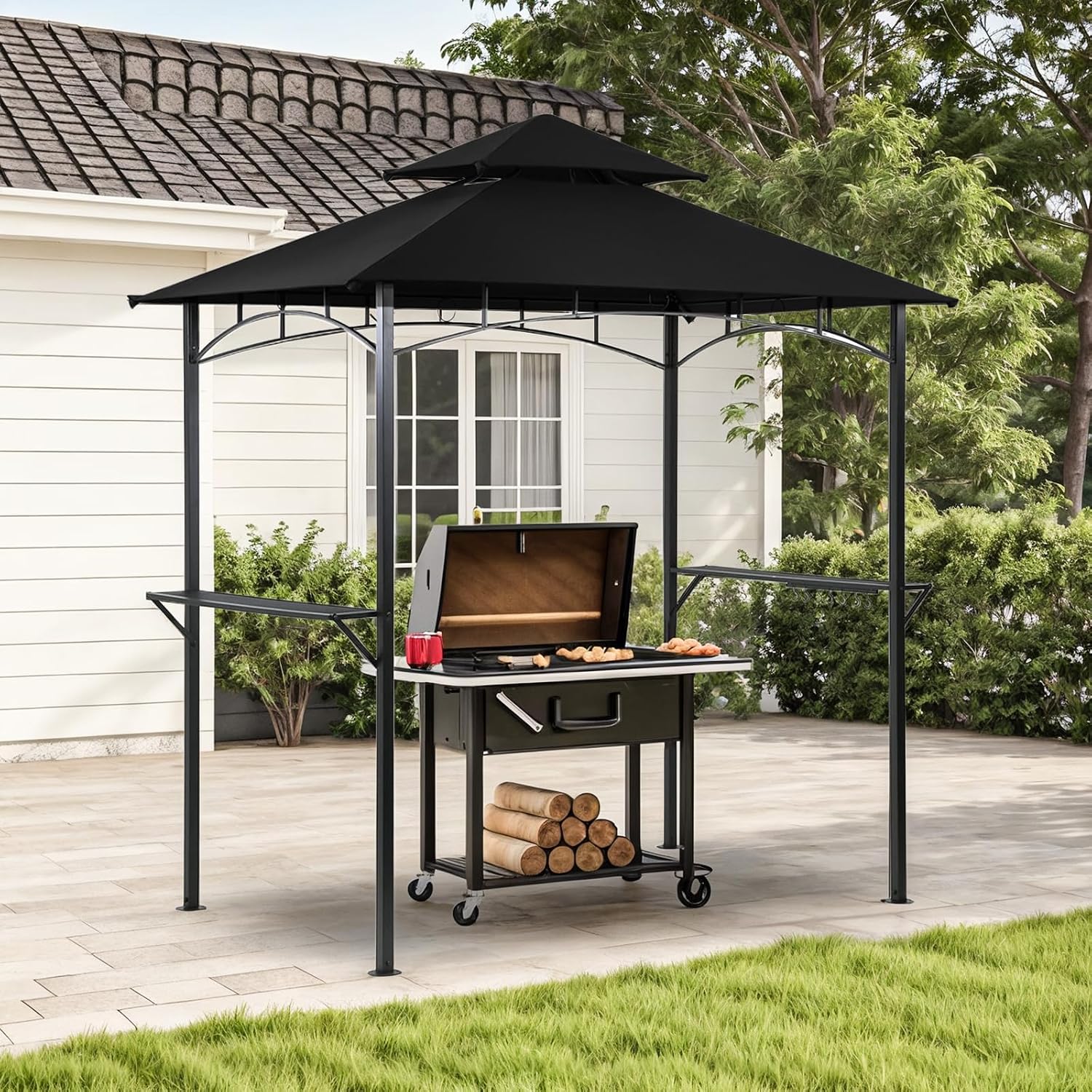 Grill Gazebo Canopy, 8'x 5' Outdoor BBQ Gazebo Shelter, Patio Double Tiered Tent for Barbecue and Picnic (Black)