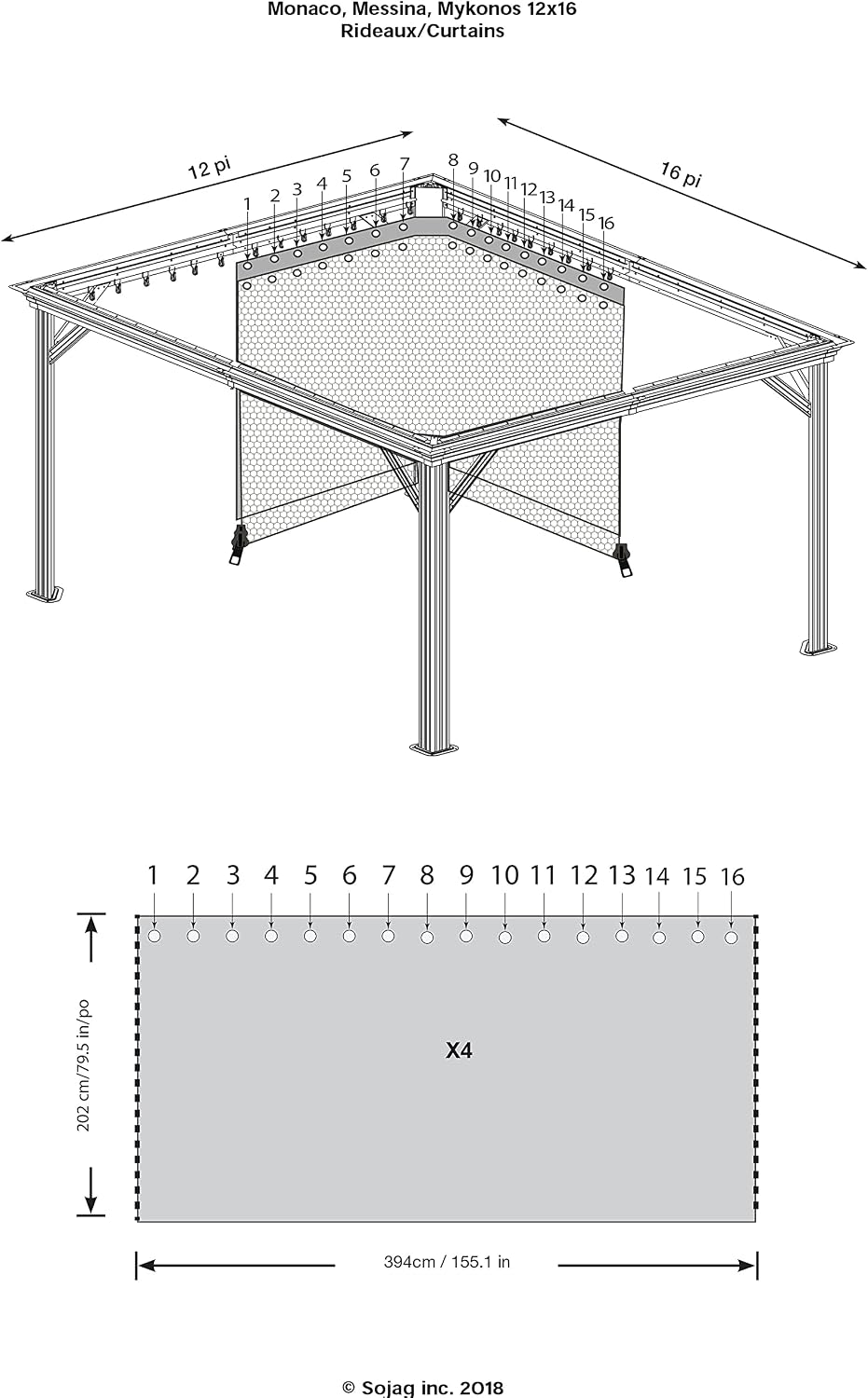 Sojag Grey Curtains for Monaco/Messina/Mykonos Gazebos, 12 ft. x 16 ft., Spun Polyester, Outdoor Shades