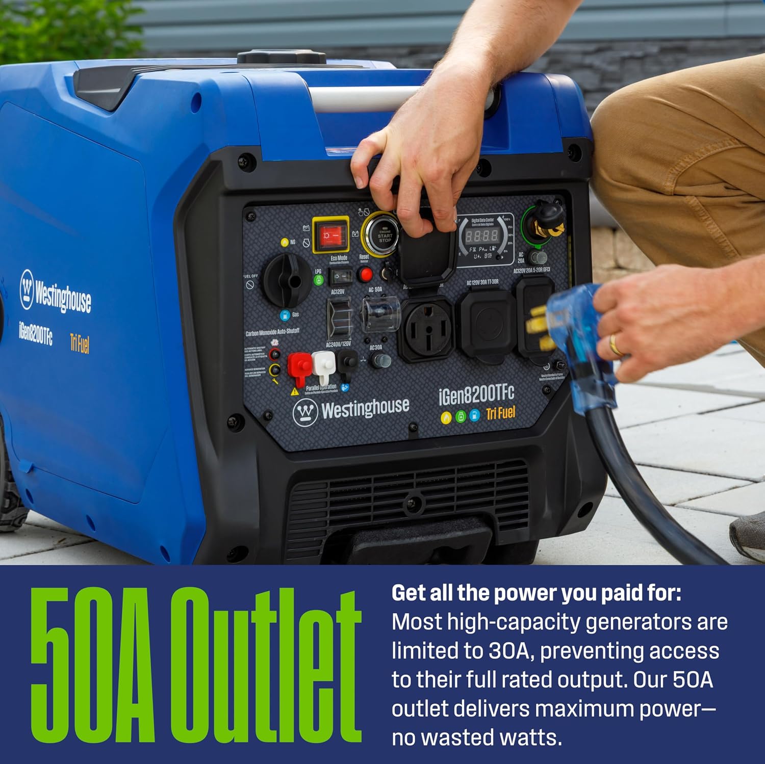 Westinghouse 8200 Peak Watt Tri-Fuel Portable Inverter Generator, Remote Electric Start, Transfer Switch Ready, Gas, Propane, Natural Gas, Low THD, Safe for Electronics, Parallel Capable, CO Sensor