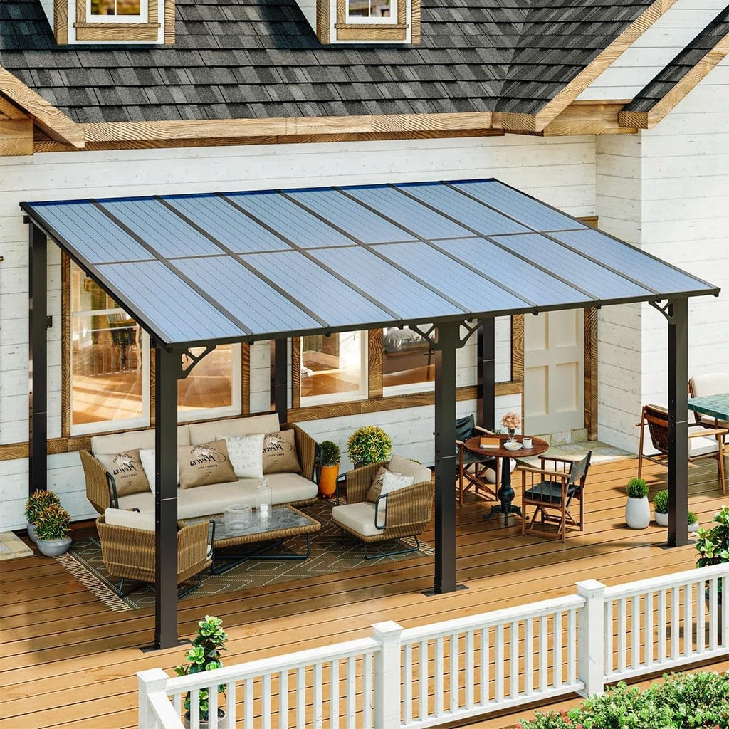 Gazebo for Patio 10' x 16', Wall-Mounted Lean to Gazebo Pergola with Roof, Hard Top Heavy Duty Awnings for Backyard, Decks and More