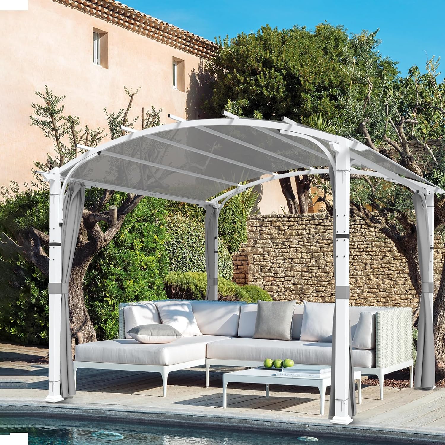 COOS BAY 11x11 Outdoor Pergola with Removable Sidewalls, Steel Frame Pergola with Arched Roof for Patio, Backyard & Garden, Weather Resistant Textilene Shade, Gray