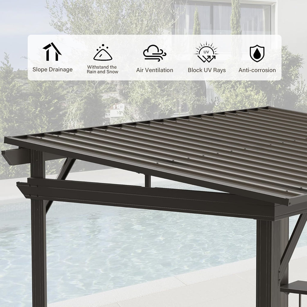 Domi 6.5x12FT Hardtop Grill Gazebo, Outdoor BBQ Gazebo with 2 Side Shelves, Sloping Steel Roof for Permanent Sun Shade with Ceiling Hooks for Patio Deck Yard Garden (Brown)