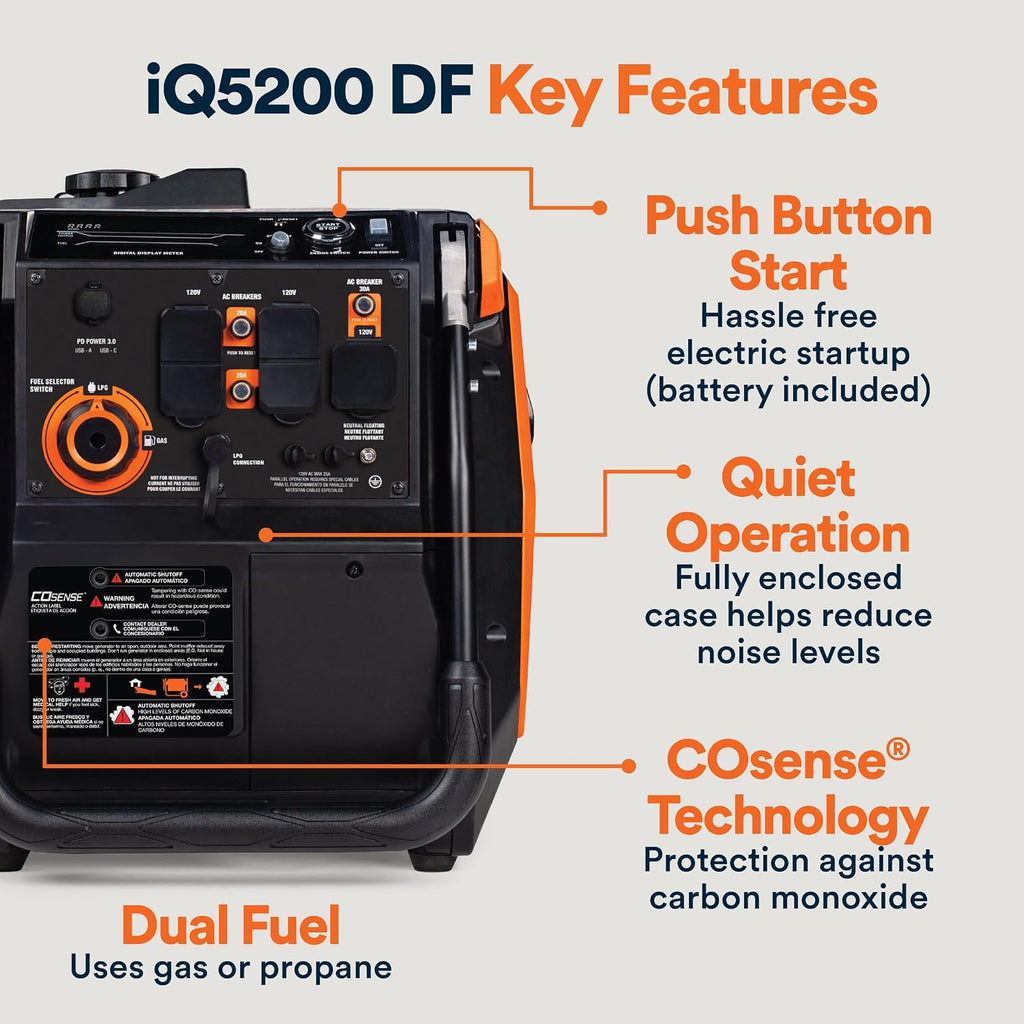 Generac 5,200-Watt Dual-Fuel Portable Inverter Generator - Gas and Propane Compatible - Quiet Operation - Clean, Stable Power - CA Compliant - Great for Home Backup, Camping, and RV Use