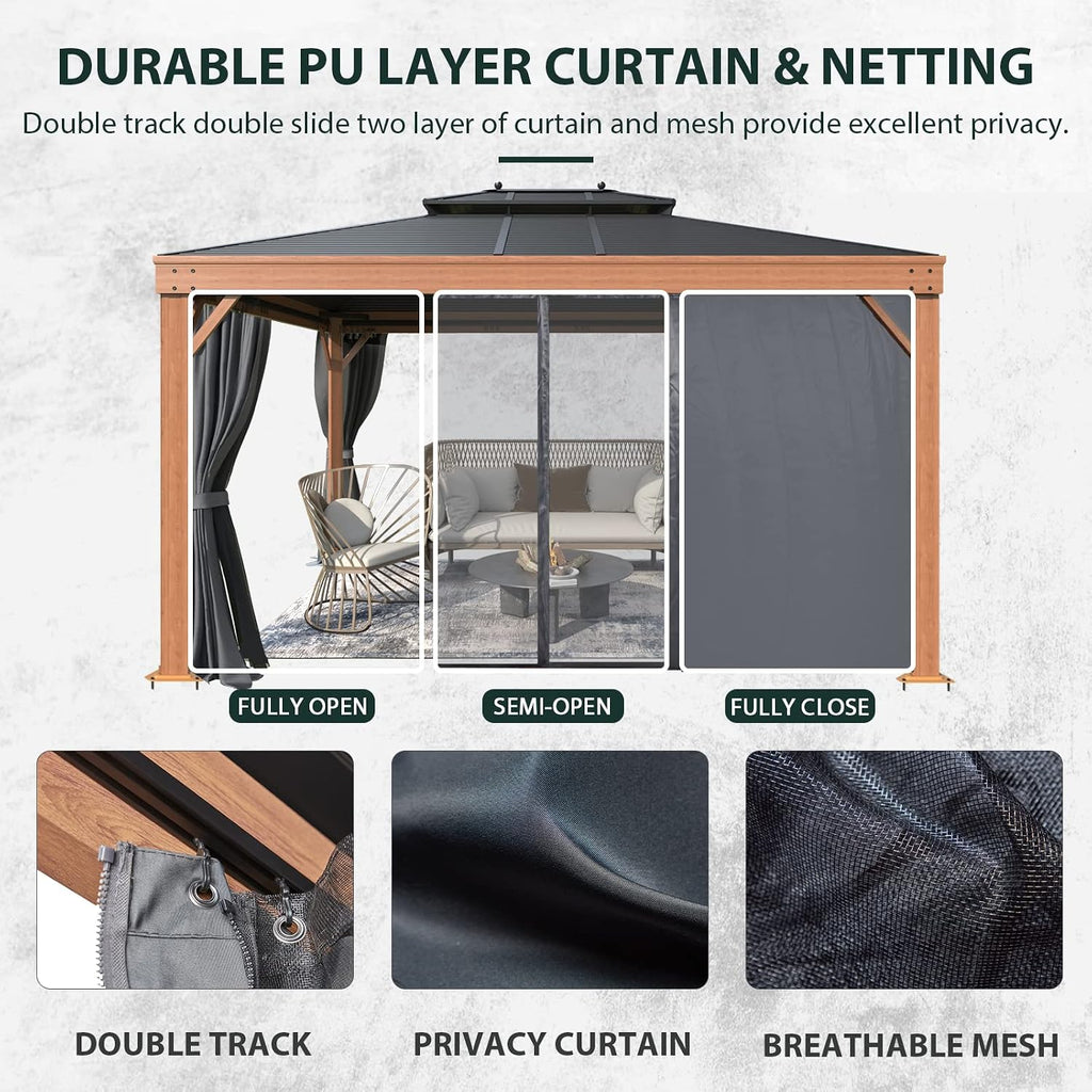 YOLENY 10' x 13' Hardtop Gazebo Faux Wood Grain with Aluminum Frame, Galvanized Steel Double Roof, Outdoor Patio Gazebo with Netting and Curtains for Backyard, Patio, Lawns