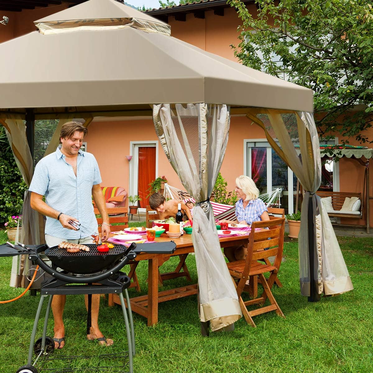 Tangkula 2-Tier 10x10Feet Patio Gazebo, Outdoor Patio Fully Enclosed Gazebo Canopy Tent w/Netting, Outdoor Gazebo Canopy Shelter for Backyard, Garden, Deck