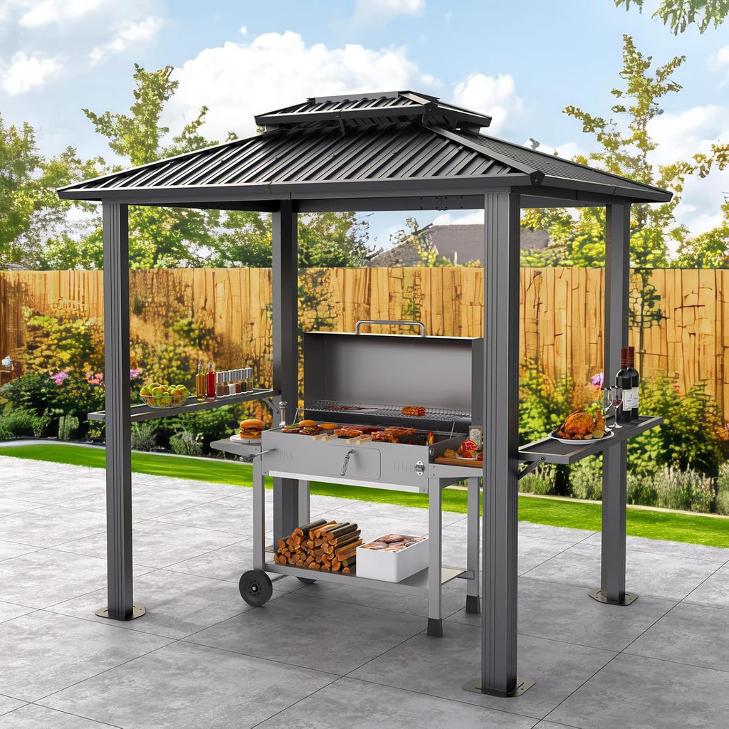 Hoteel 6x8 Hardtop Grill Gazebo, Outdoor Patio BBQ Gazebo with Galvanized Steel Double Roof, Hardtop Barbecue Canopy with 2 Side Shelves for Deck Lawn Backyard Garden,Black