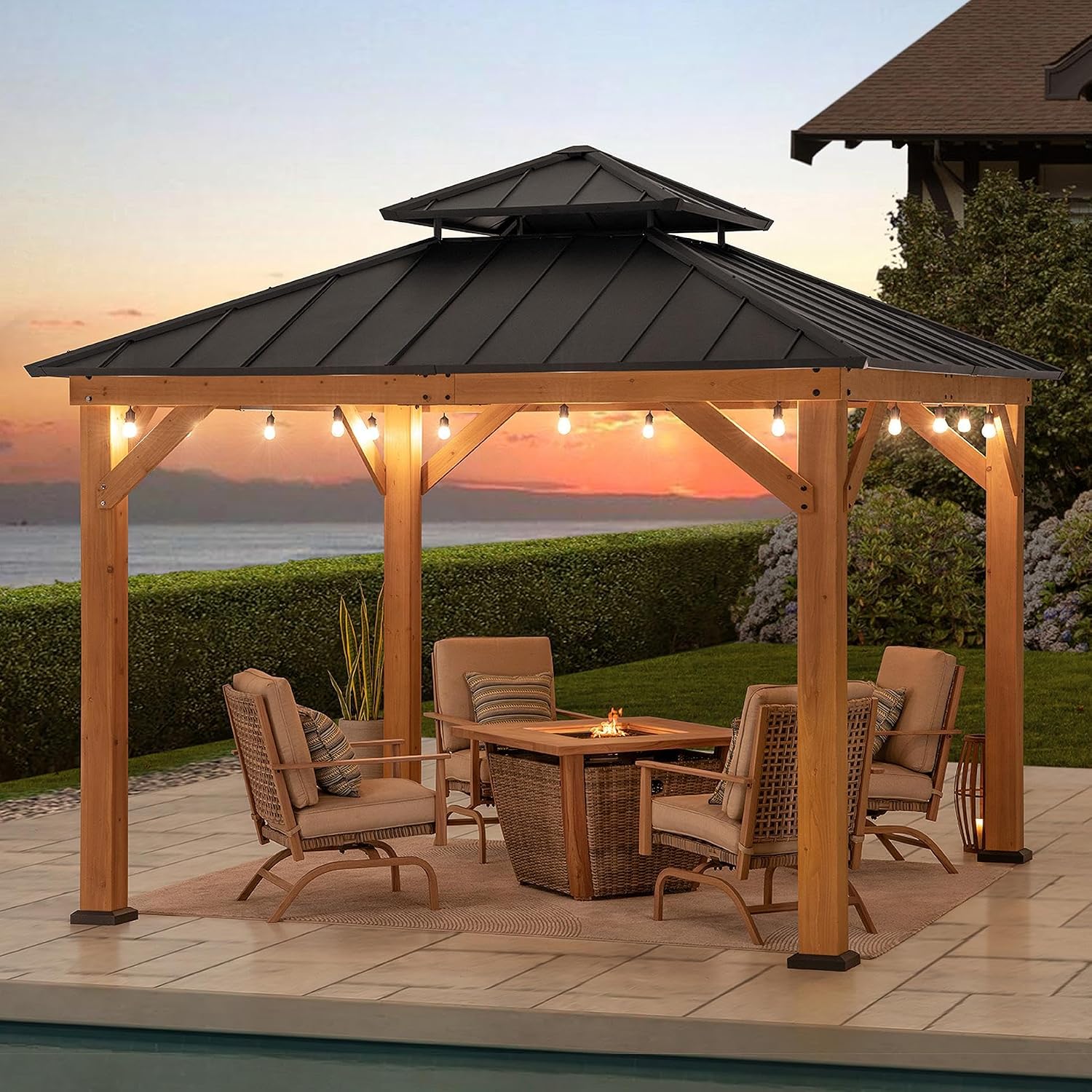 SUNJOY 11 x 11 ft. Wood Gazebo Standard Cedar Framed Gazebos with Black Double Steel Hardtop Roof for Garden, Backyard Shade, Matte Black Roof + Natural Wood Frame