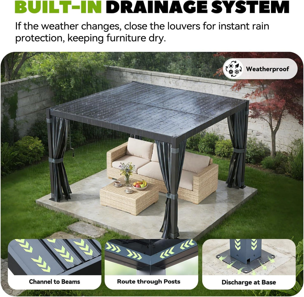 MELLCOM Louvered Pergola 10x10, Steel Aluminum Pergola with Adjustable Louvered Roofs, Outdoor Gazebo with Waterproof Curtains and Nets, Black
