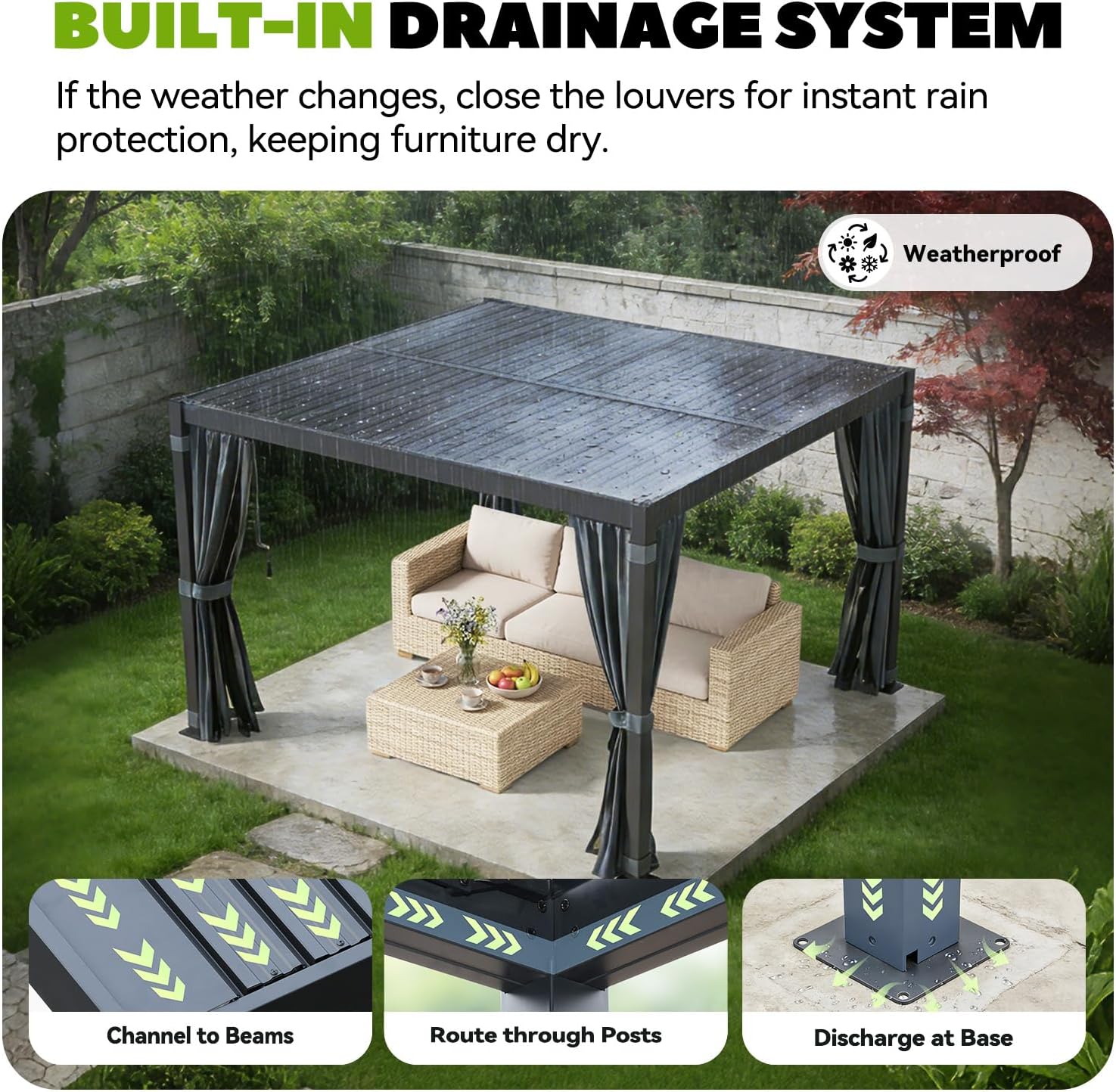 MELLCOM Louvered Pergola 10x10, Steel Aluminum Pergola with Adjustable Louvered Roofs, Outdoor Gazebo with Waterproof Curtains and Nets, Black