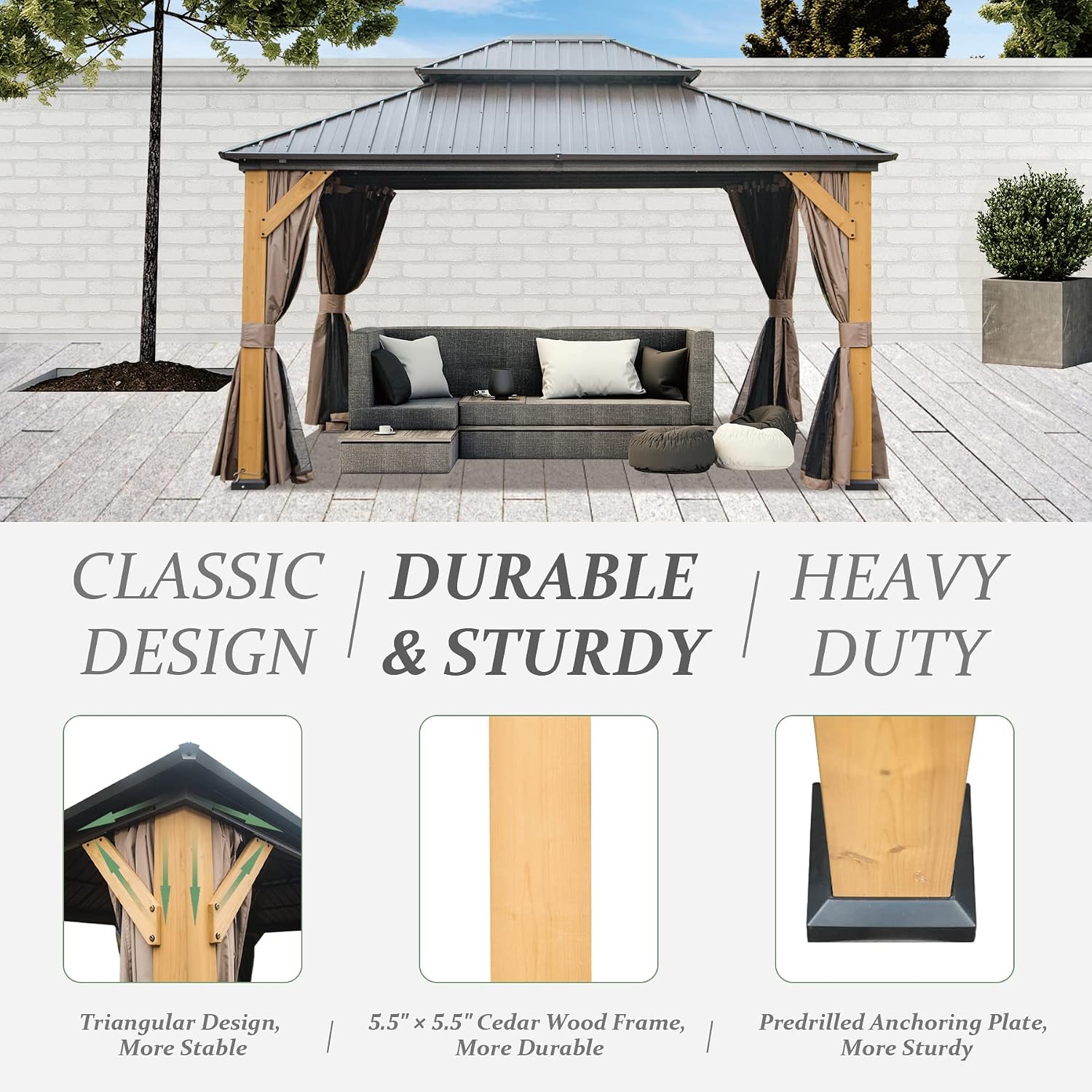 domi outdoor living 12x14 ft Wood Gazebo, Cedar Frame Hardtop Gazebo with Galvanized Steel Double Roof, Netting & Curtains, Patio Pergola Pavilion for Patio, Backyard, Deck, Lawns