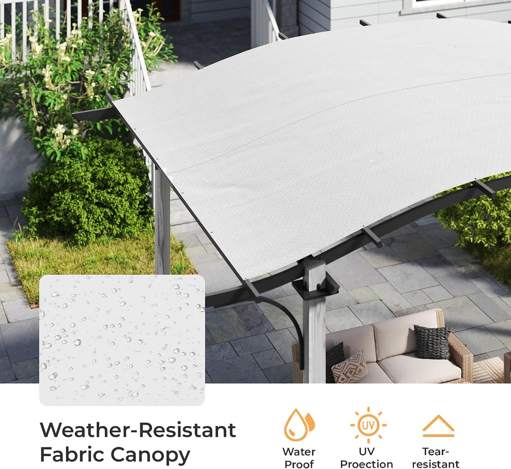 HAPPATIO 10' x 13' Arched Top Outdoor Pergola, Aluminum Frame Canopy with Bar Counter, Natural Wood-Like Frame Patio Pergola Shade for Patio, Backyard, Garden, Grey