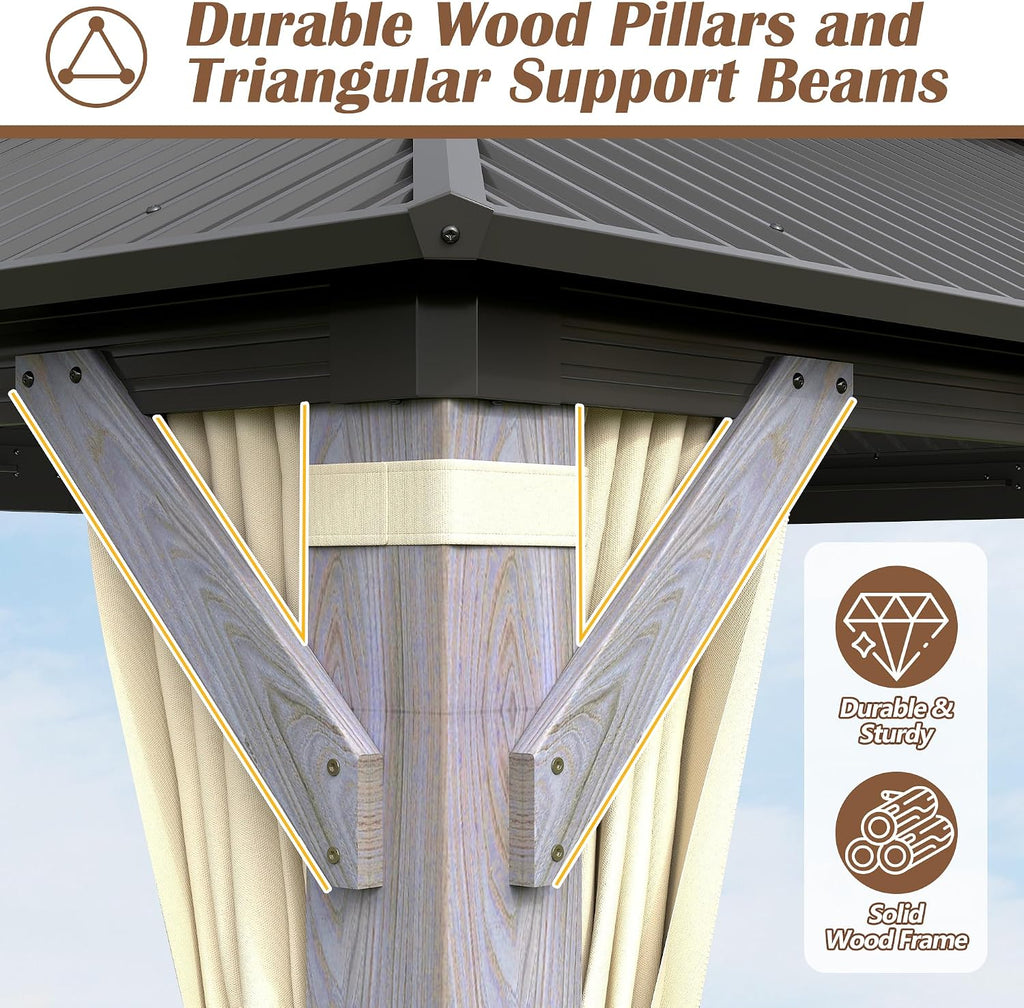 12' x 12' Wood Gazebo, Outdoor Hardtop Gazebo with Wood Posts and Galvanized Steel Doule Roof, Wooden Frame Gazebos with Netting and Curtains for Patio Backyard