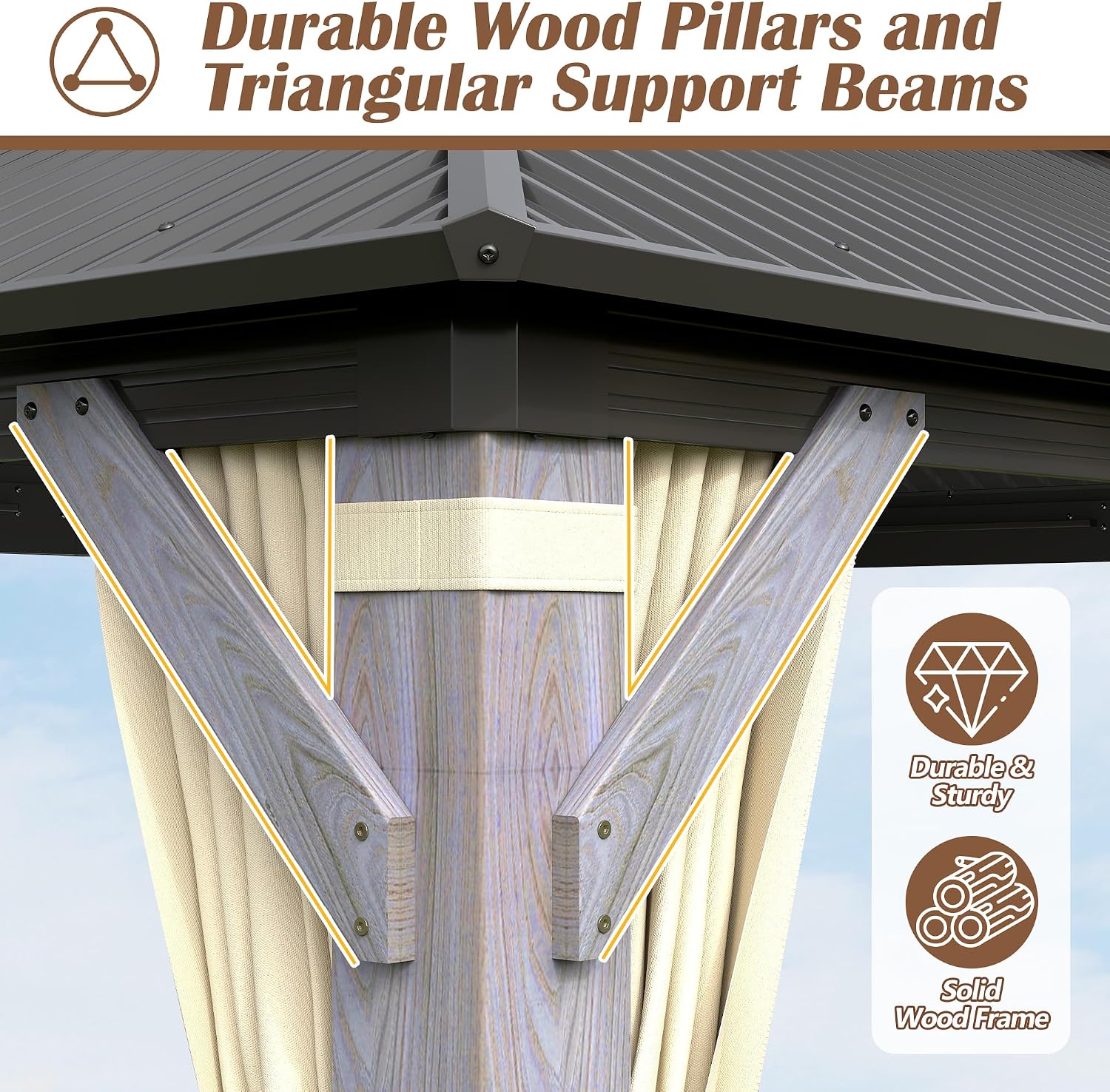12' x 12' Wood Gazebo, Outdoor Hardtop Gazebo with Wood Posts and Galvanized Steel Doule Roof, Wooden Frame Gazebos with Netting and Curtains for Patio Backyard