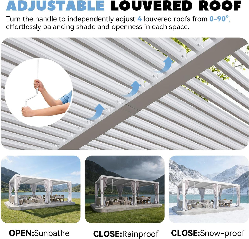 MELLCOM Louvered Pergola 12x20, Steel Aluminum Pergola with Adjustable Louvered Roofs, Outdoor Gazebo with Waterproof Curtains and Nets, White