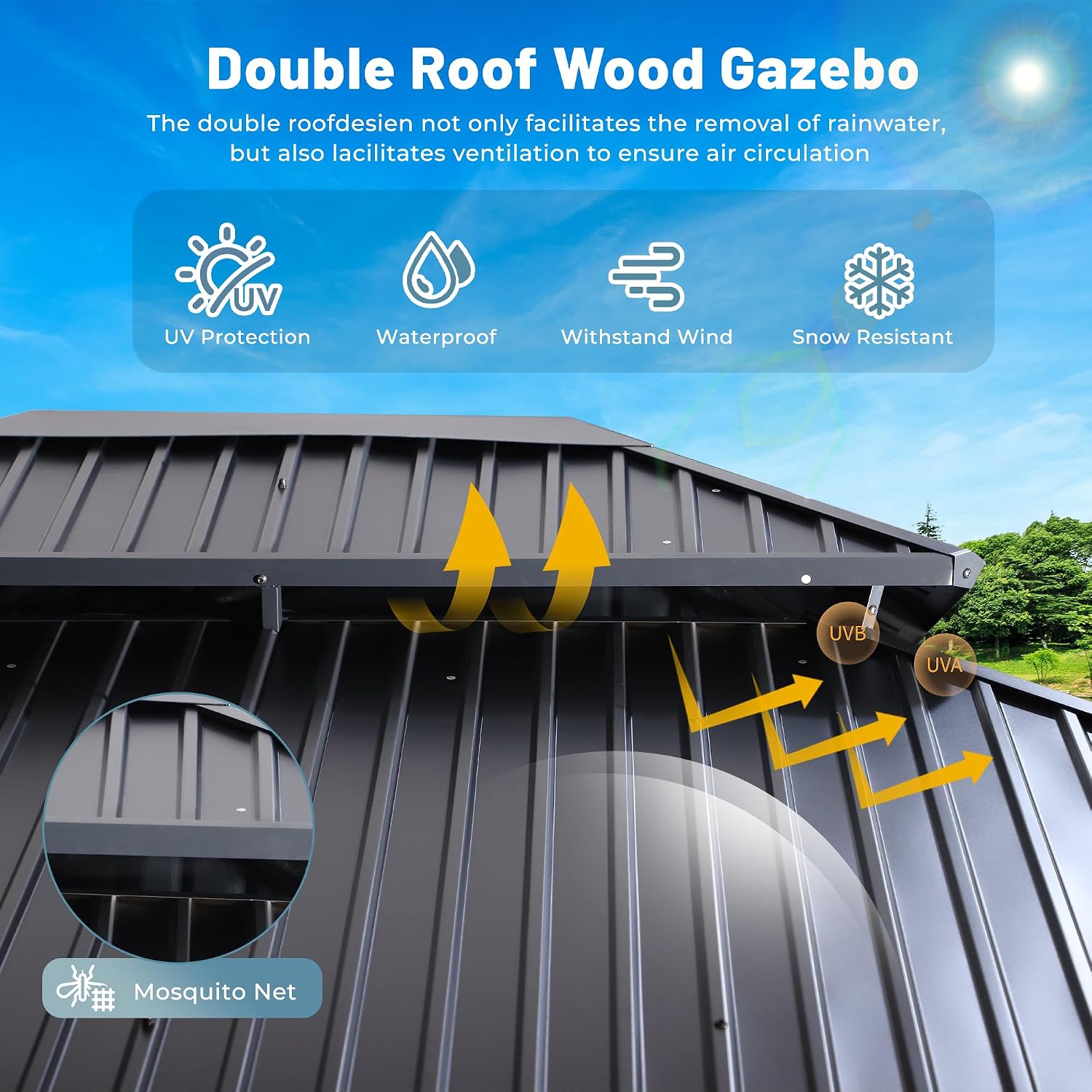 10'x12' Outdoor Wooden Gazebo, Outdoor Patio Gazebos with Galvanized Steel Double Roof, Heavy-Duty Cedar Wood Gazebo for Garden, Lawn, Poolside, Backyard Dec (Wood, 10x12FT)