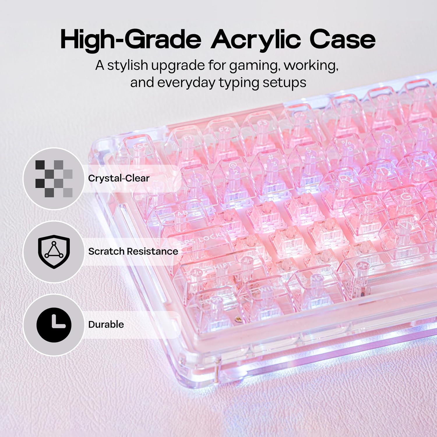 KiiBoom Phantom 98 Crystal Mechanical Gaming Keyboard, Transparent Keyboard with RGB Backlits, Hot-Swappable, Shine Through Clear Keycaps, 3 Modes Wireless, 8000mAh Battery, NKRO for Win/Mac (Pink)