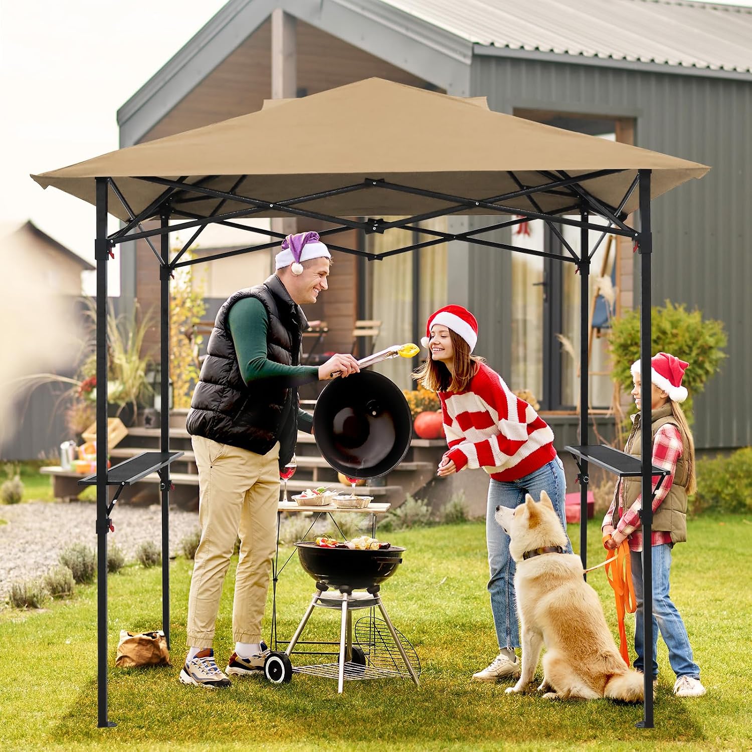 Outdoor Pop up Barbeque Grill Gazebo 8x5 with Carry Bag, Portable BBQ Canopy Tent with Handy Wired Shelf, Beige