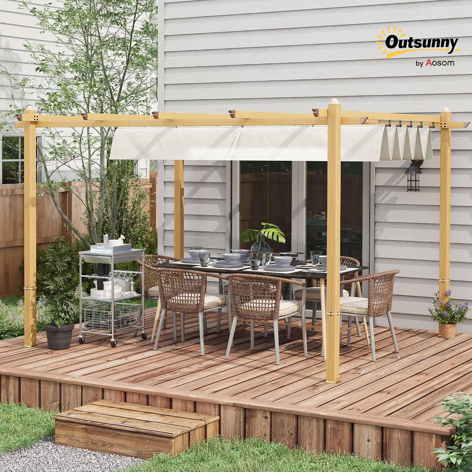 Outsunny 10' x 13' Retractable Pergola Canopy, Wood Grain Aluminum Pergola, Outdoor Sun Shade Shelter for Grill, Garden, Patio, Backyard, Deck, Cream White
