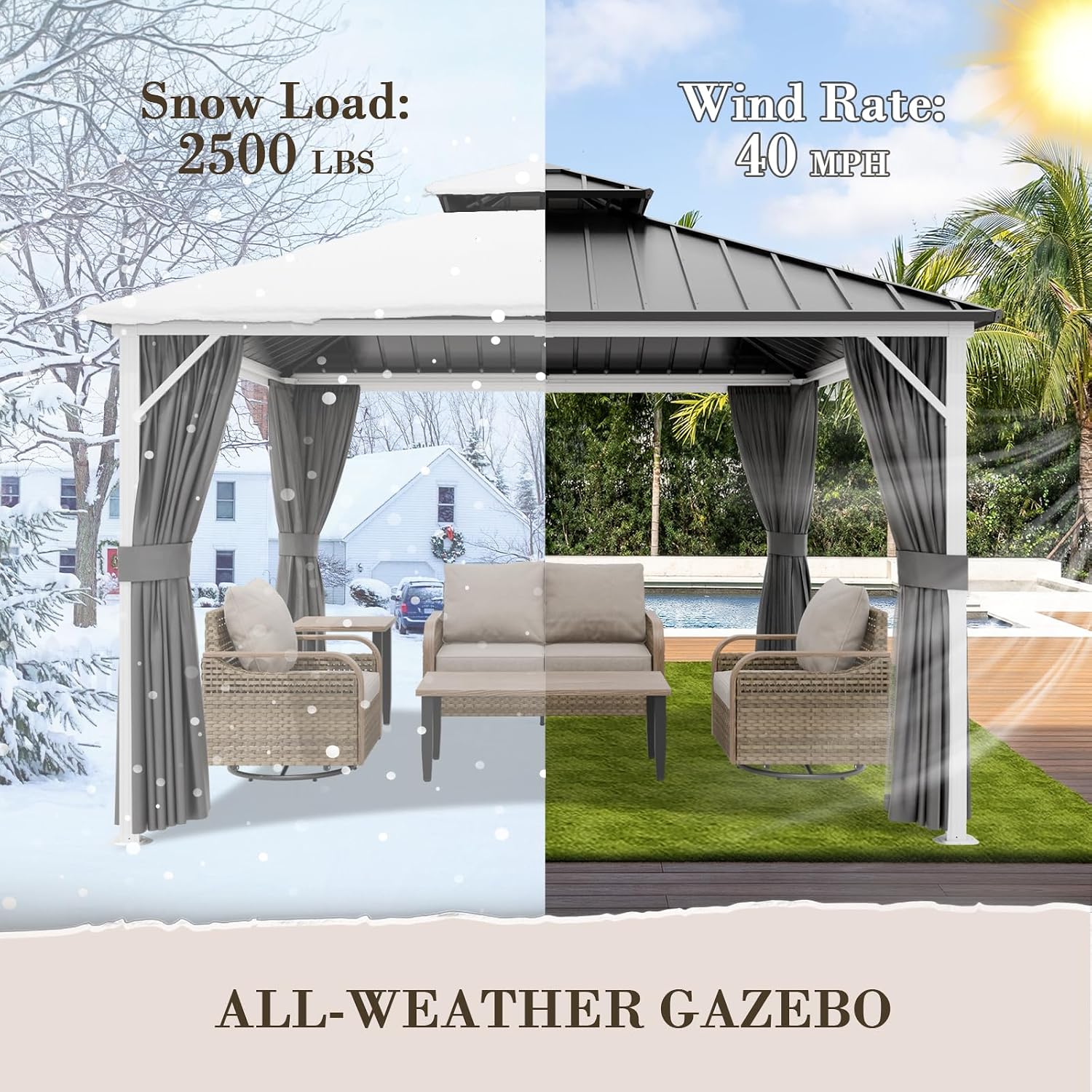 EAGLE PEAK 12x12 Hardtop Gazebo, Galvanized Steel Double Roof with Aluminum Frame, Outdoor Pavilion with Netting and Curtains for Patio, Deck, Lawn and Garden, White/Gray