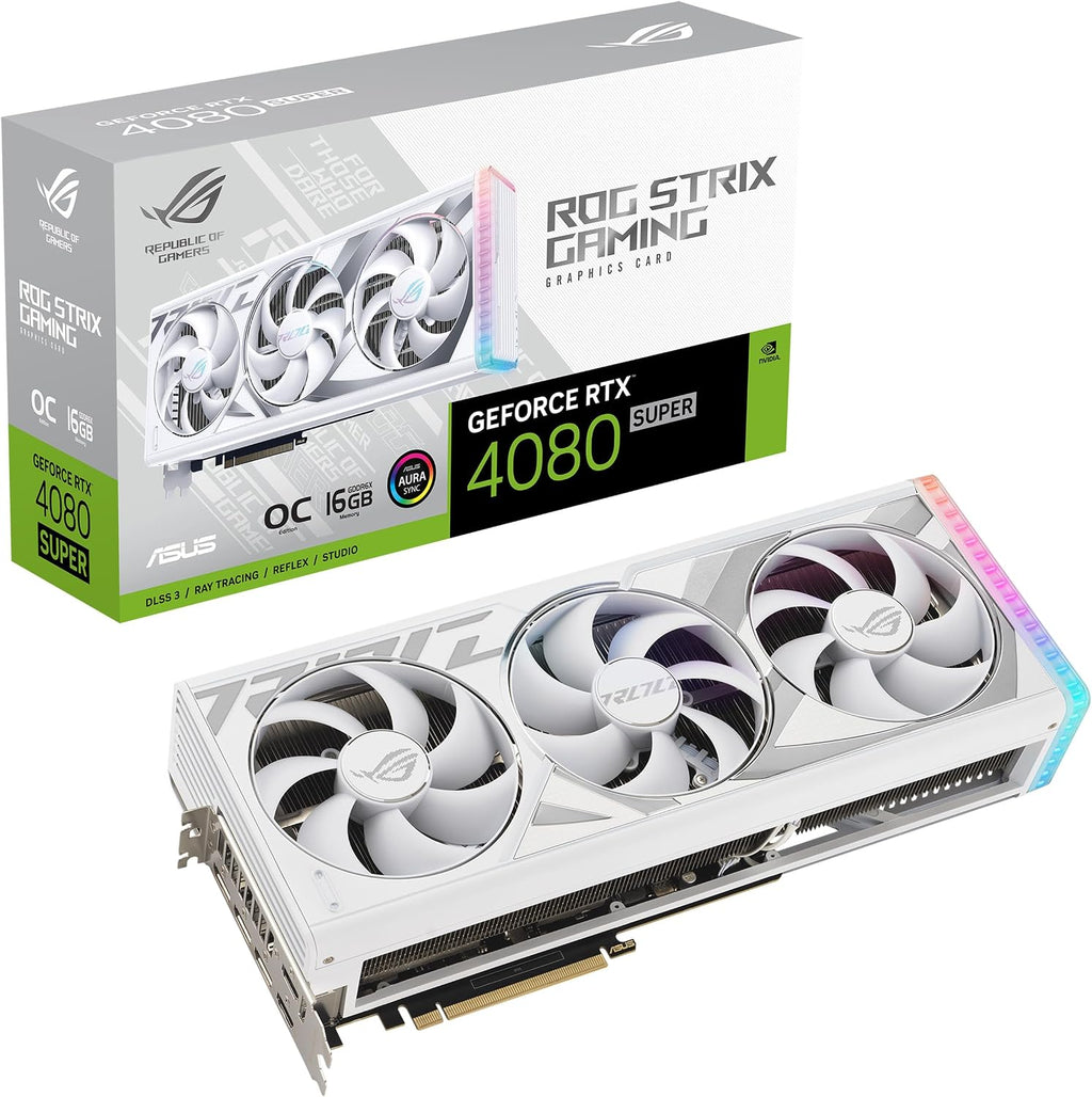 ASUS ROG Strix GeForce RTX™ 4080 Super White OC Edition Gaming Graphics Card (PCIe 4.0, 16GB GDDR6X, DLSS 3, HDMI 2.1a, DisplayPort 1.4a, Vapor Chamber, Power Sensing, Aura Sync)