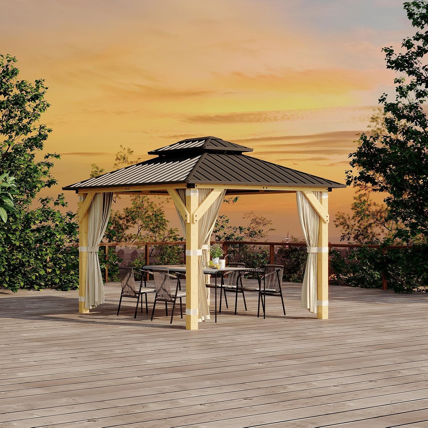 10 x 12 Ft Wood Gazebo, Upgrade Wooden Frame, Double Galvanized Steel Roof, Hardtop Gazebo with Nettings and Curtains for Backyard, Patio, Garden and Lawn, Khaki